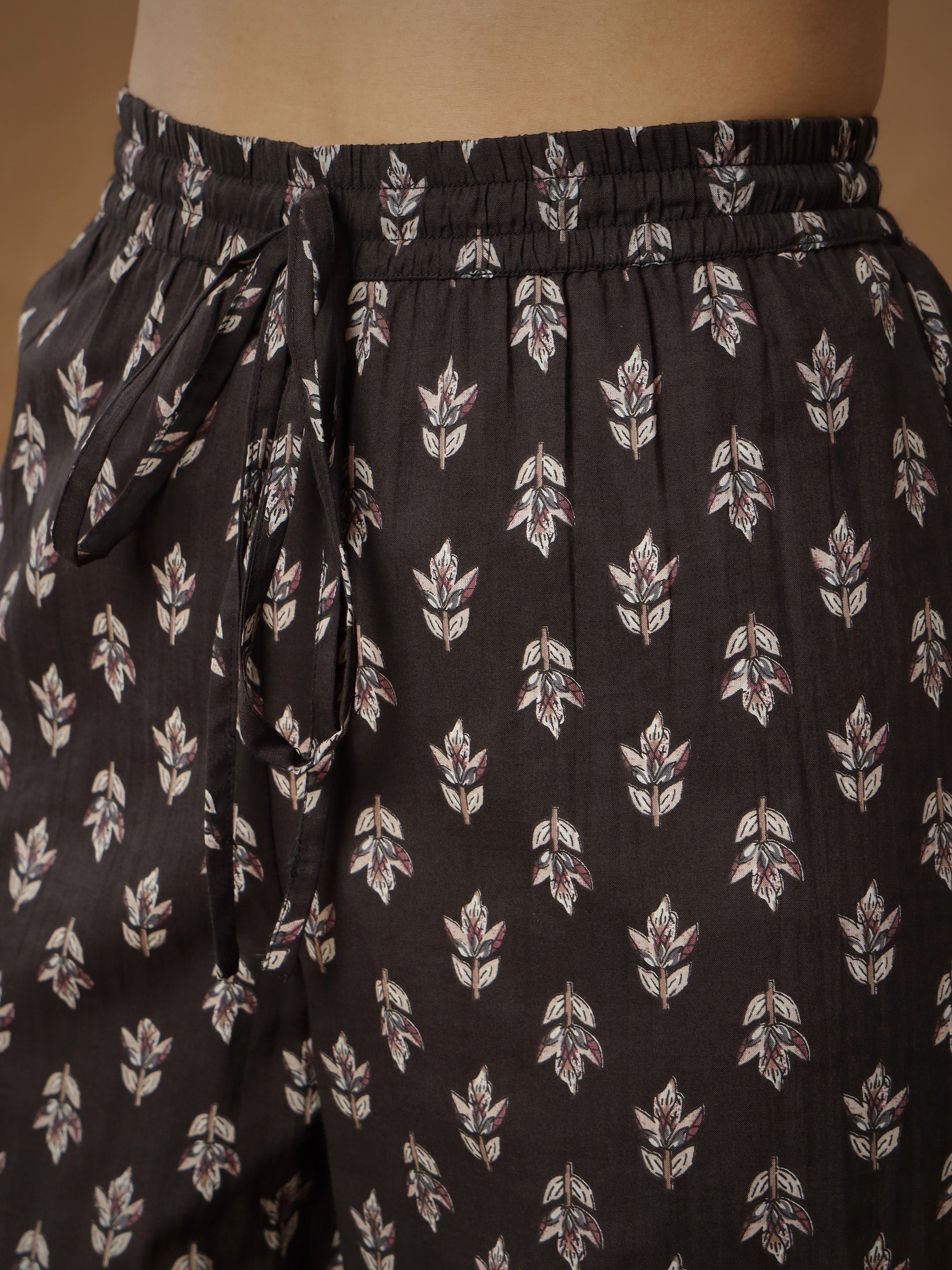 Women's Black Floral Anarkali Kurta With Afghani Pants & Dupatta