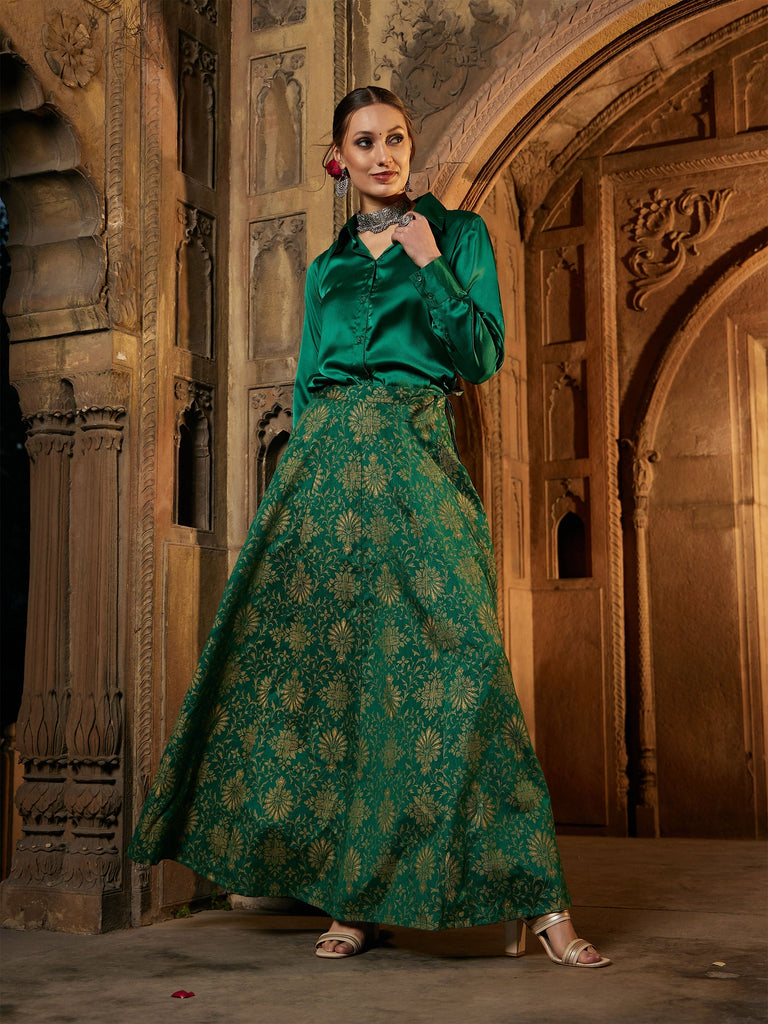 Women's Green Brocade Jacquard Anarakali Skirt
