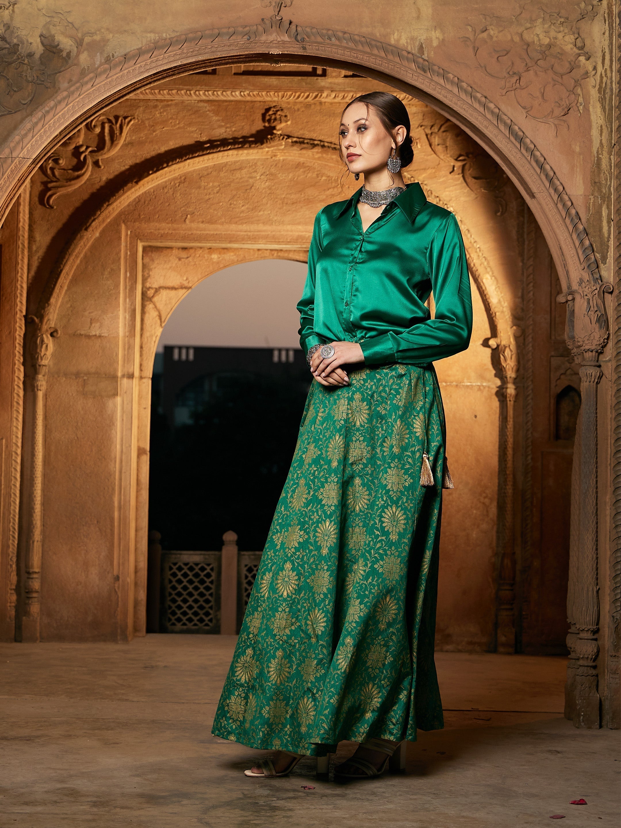 Women's Green Brocade Jacquard Anarakali Skirt