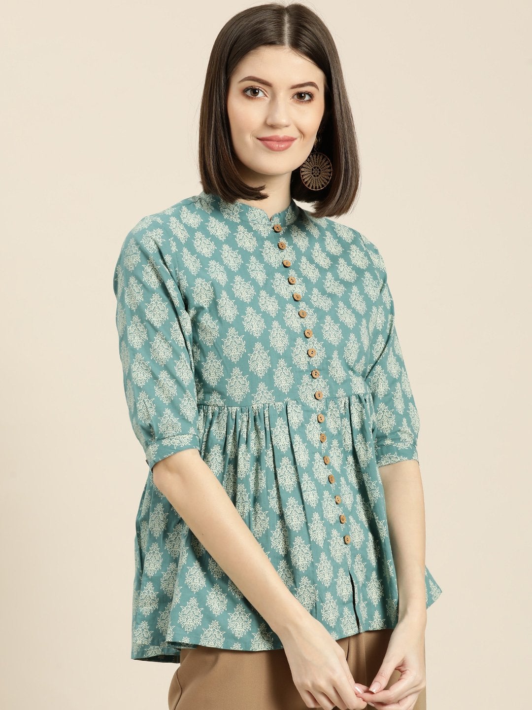 Women's Teal Printed Front Button Gathered Top