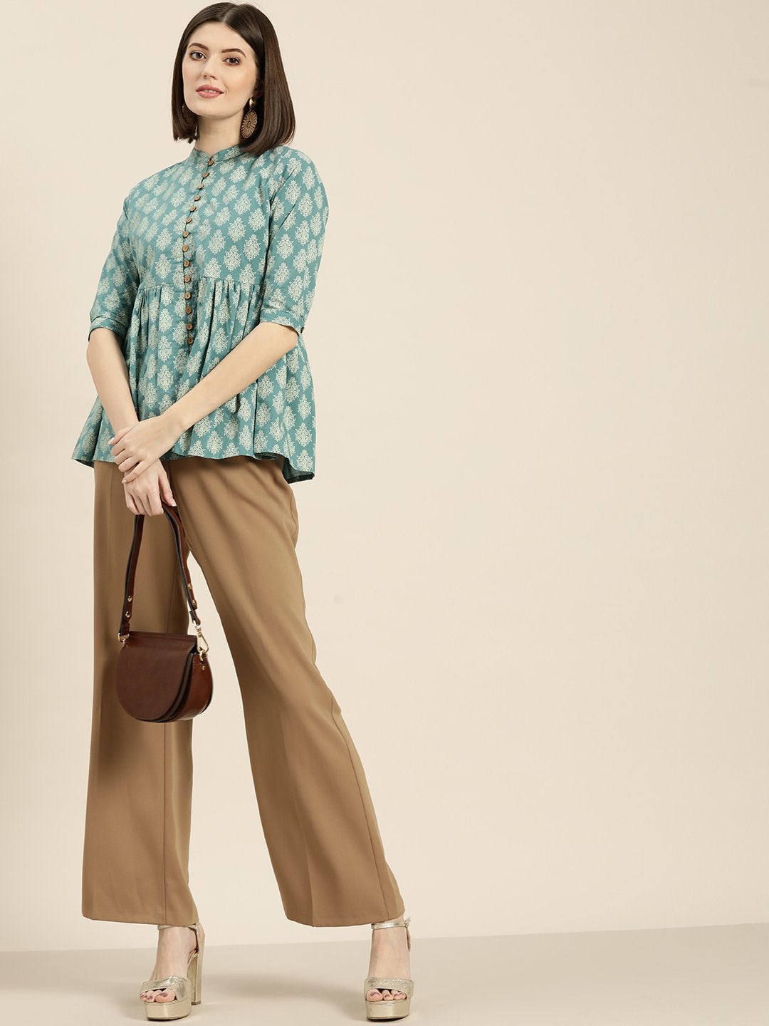 Women's Teal Printed Front Button Gathered Top