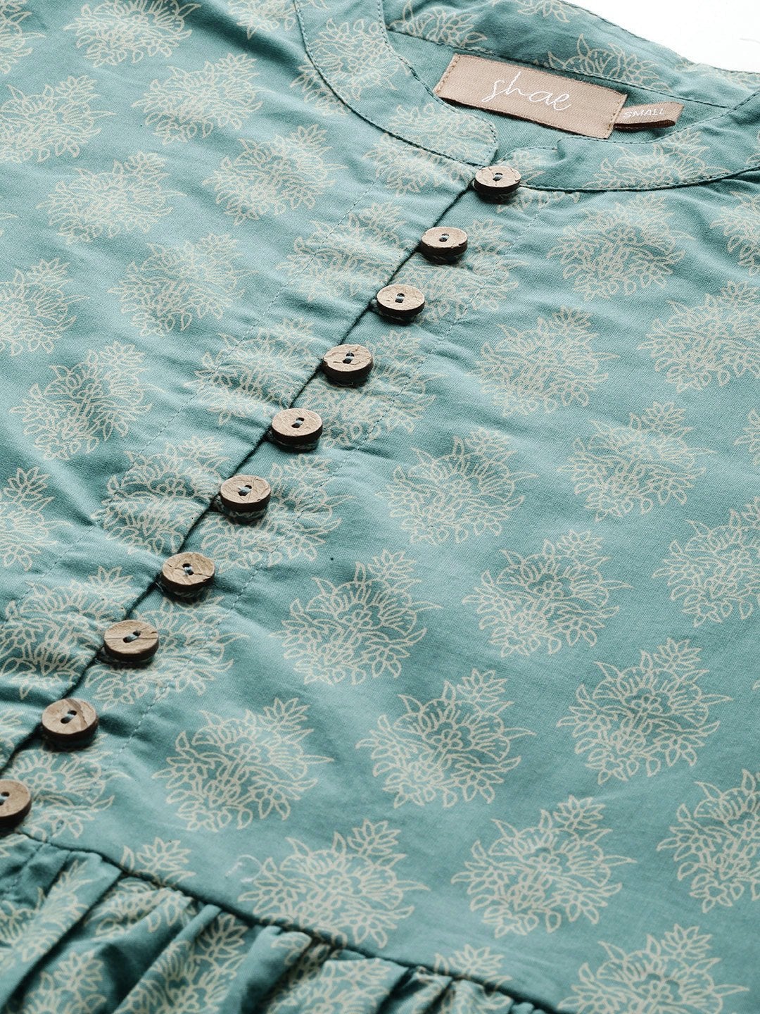 Women's Teal Printed Front Button Gathered Top