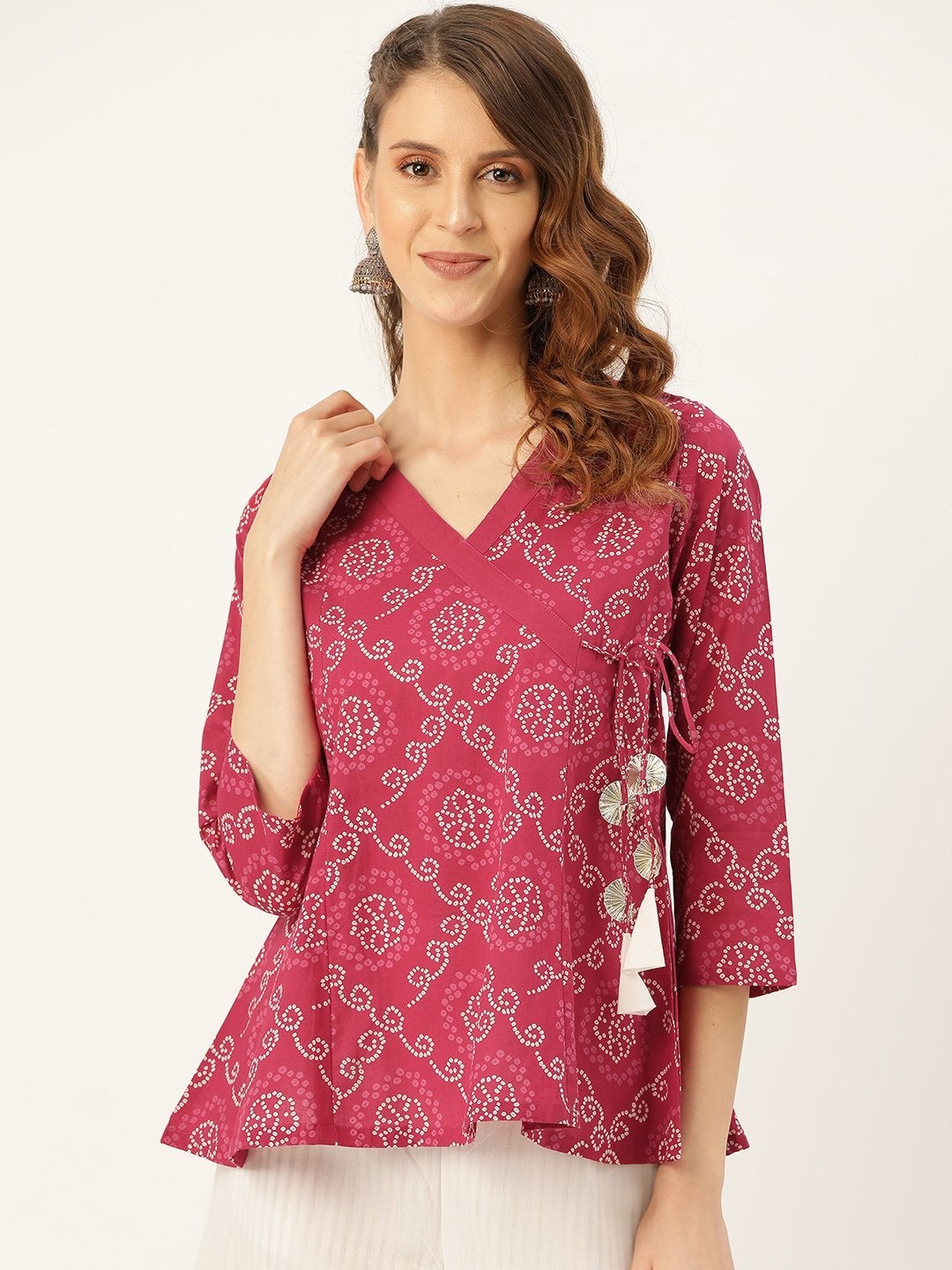 Women's Fuchsia Bandhej Angrakha Top