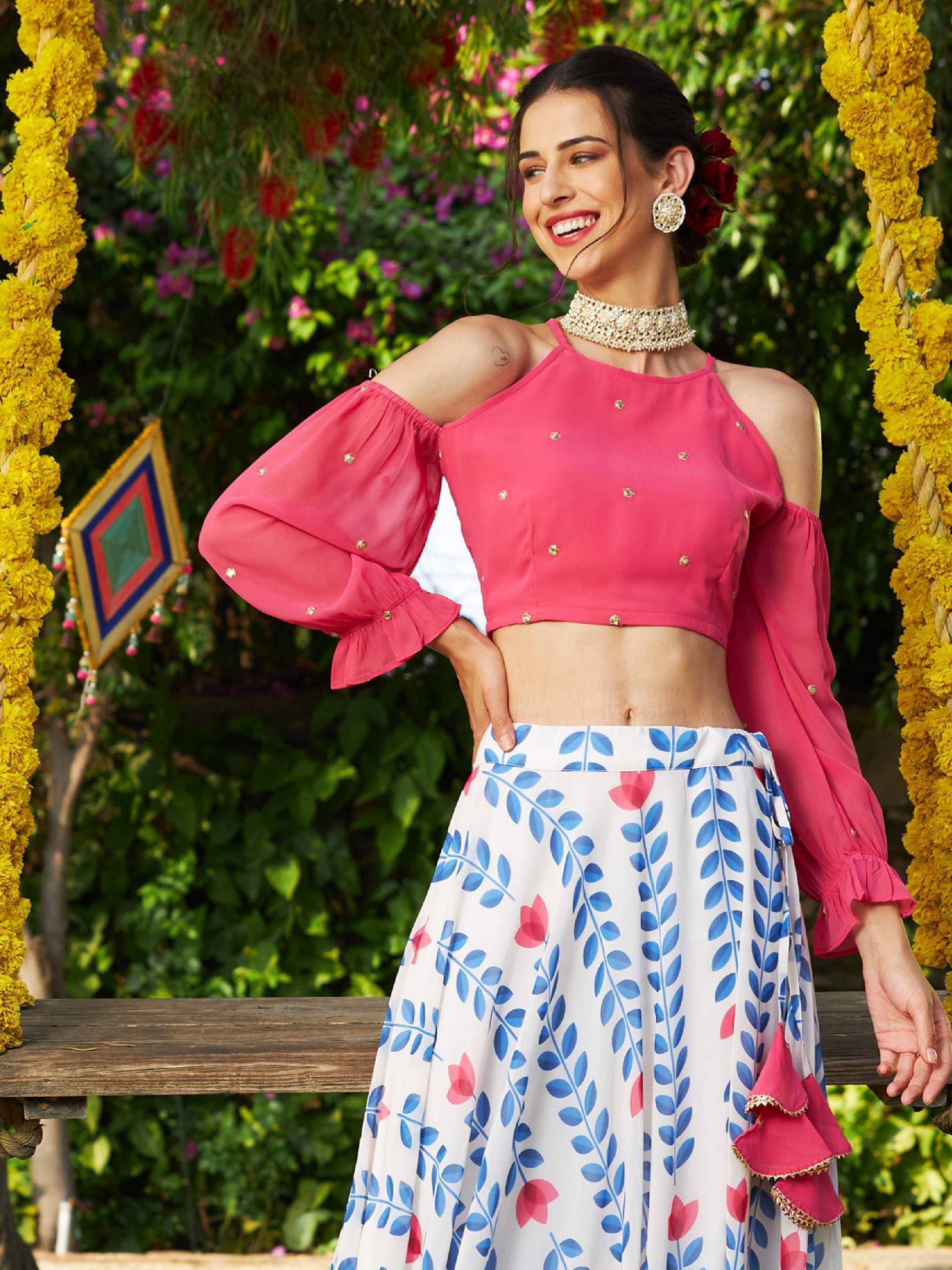 Women's Pink Embroidered Cold Shoulder Crop Top - Final Clearance Sale