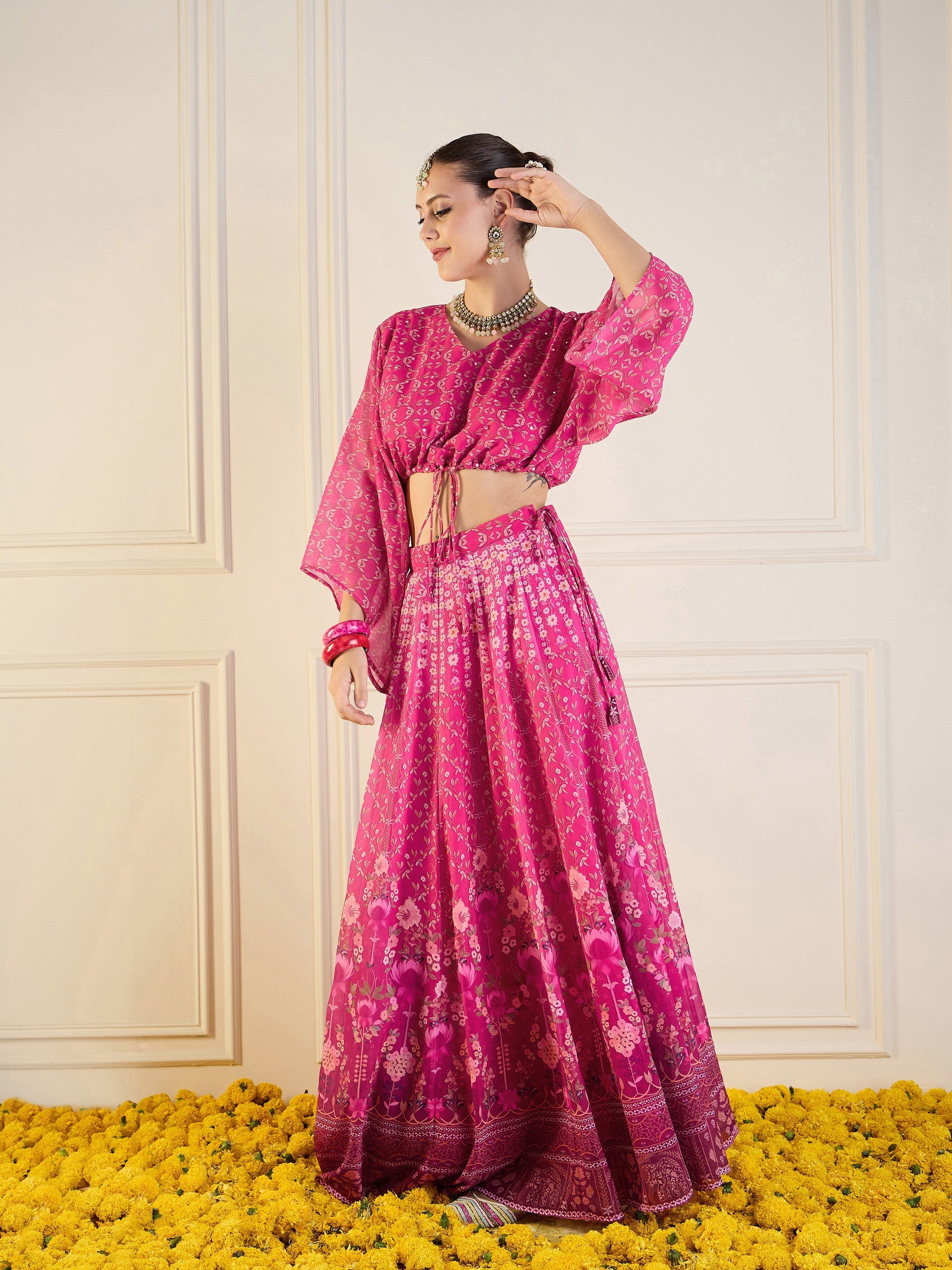 Women's Pink Floral Lehenga Set - Sassafras