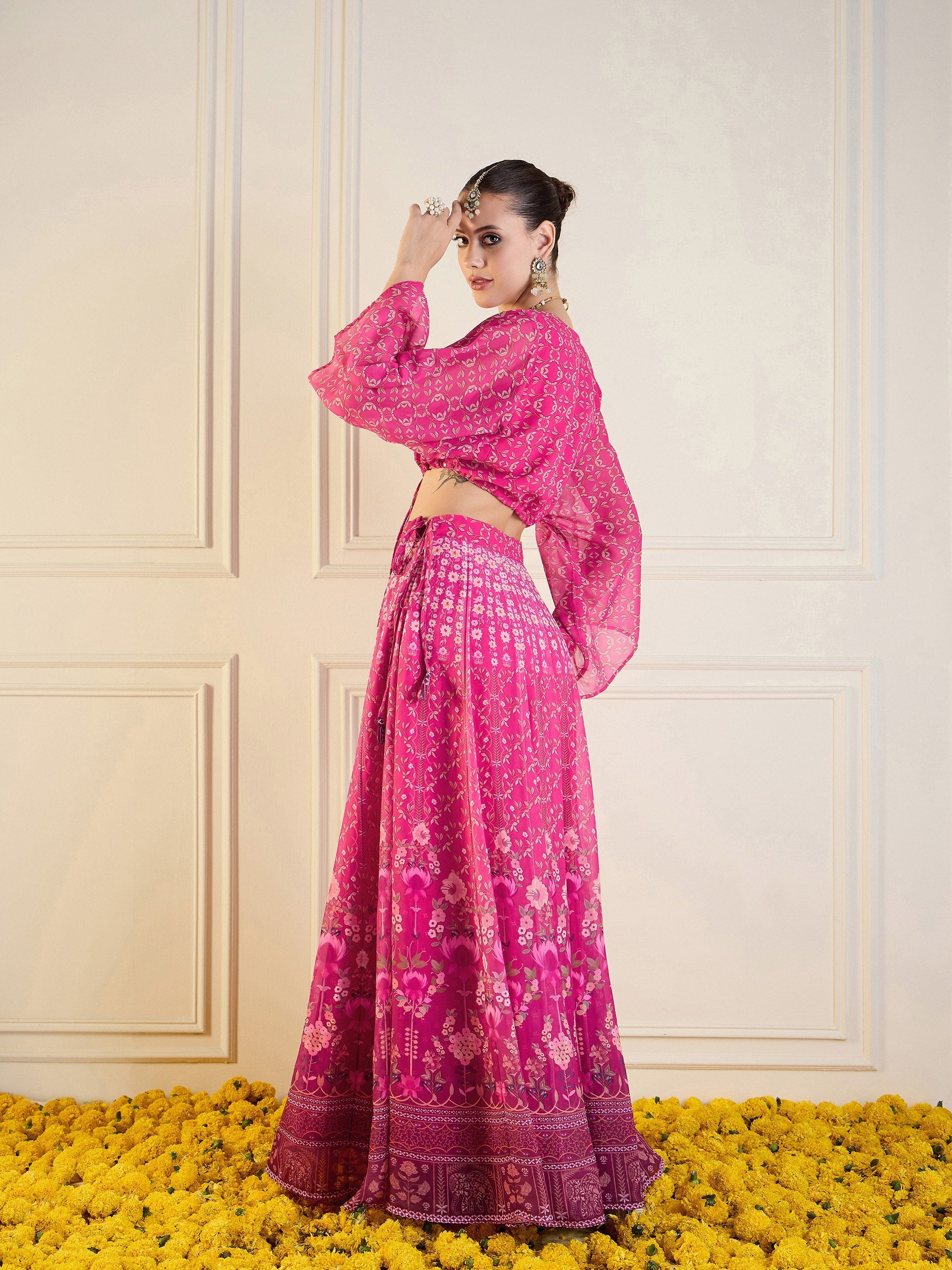 Women's Pink Floral Lehenga Set - Sassafras