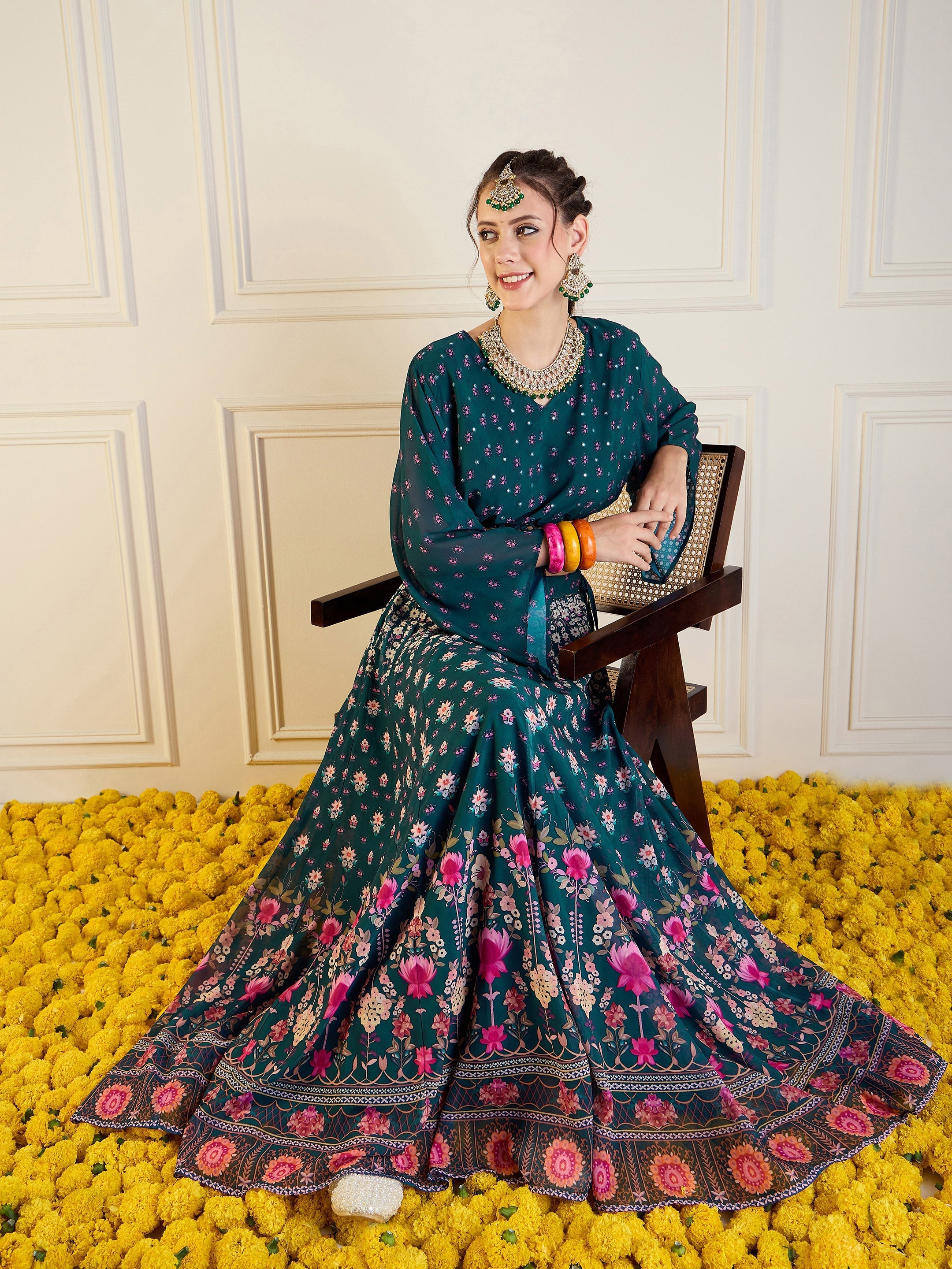 Women's Green Floral Lehenga Set - Sassafras