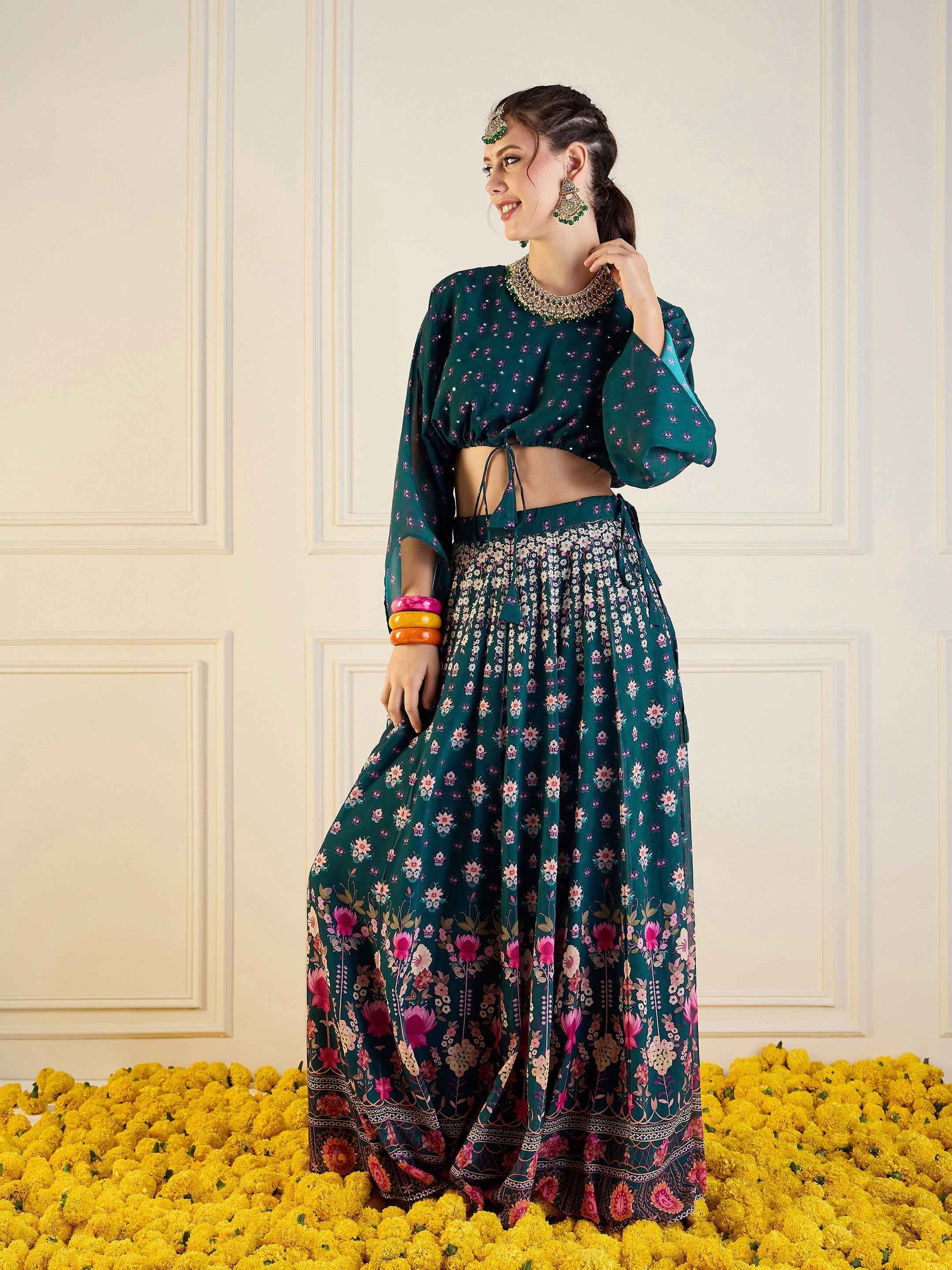 Women's Green Floral Lehenga Set - Sassafras