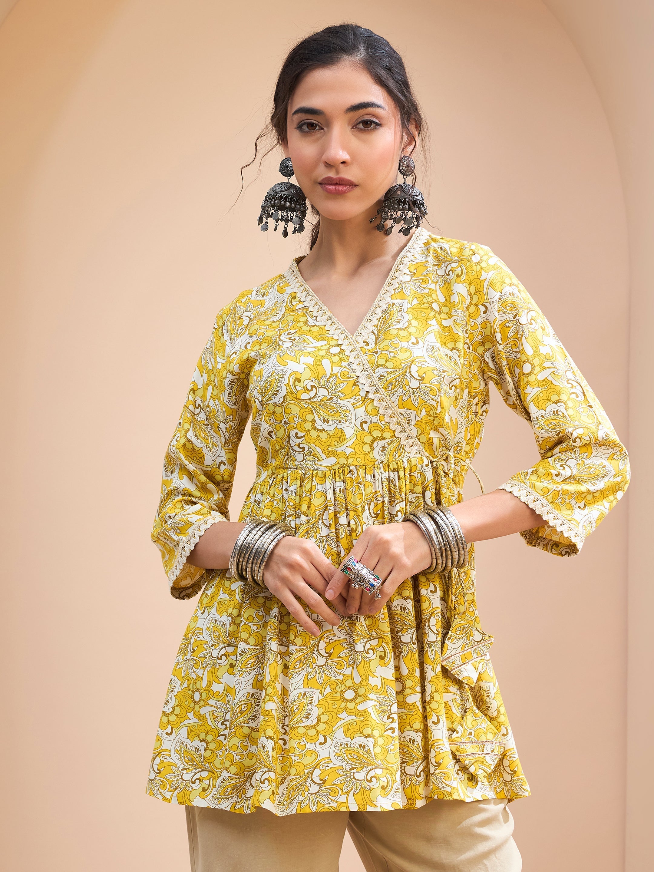 Women's Yellow Floral Wrap Neck Peplum Kurti-SHAE