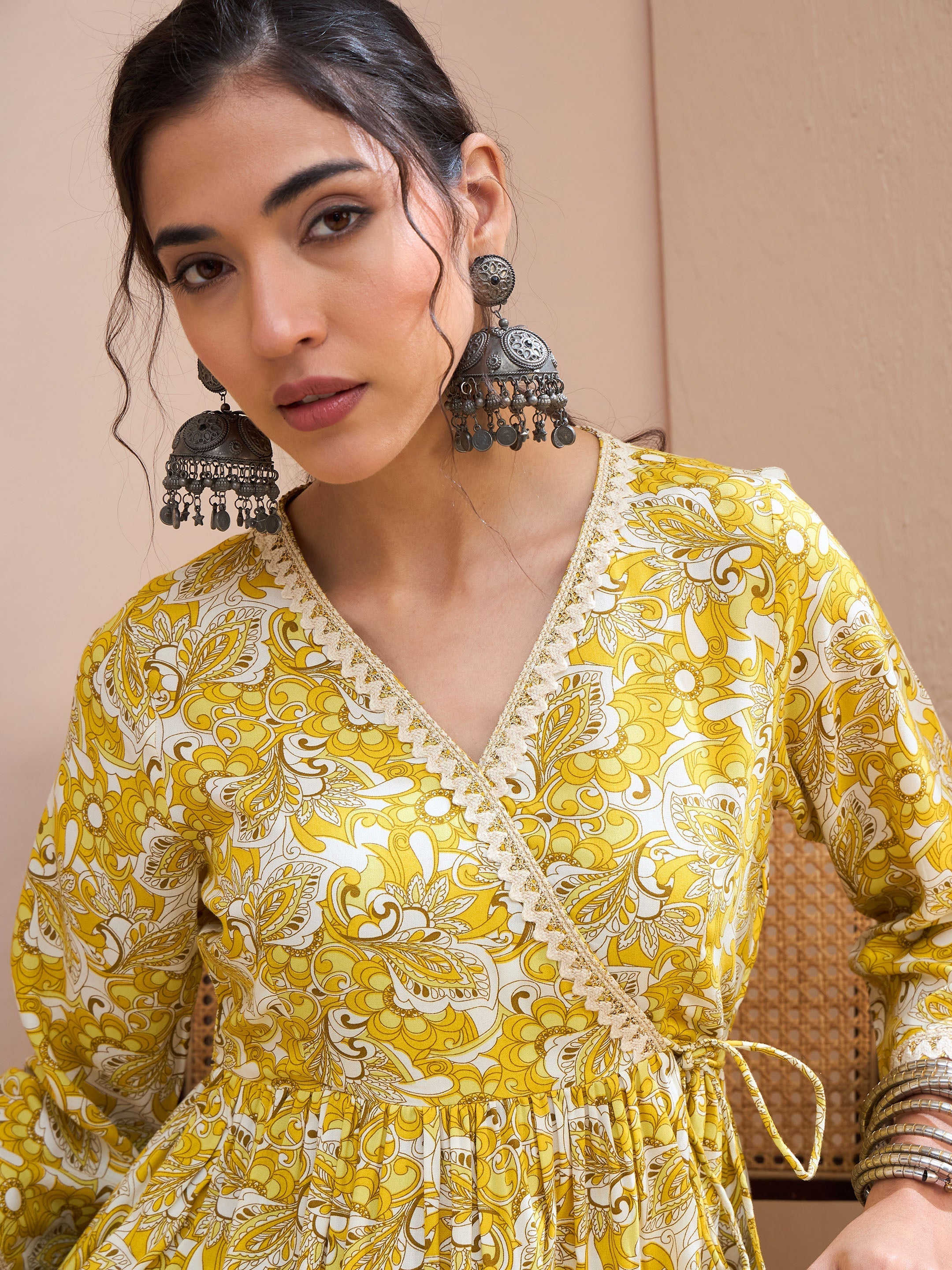 Women's Yellow Floral Wrap Neck Peplum Kurti-SHAE