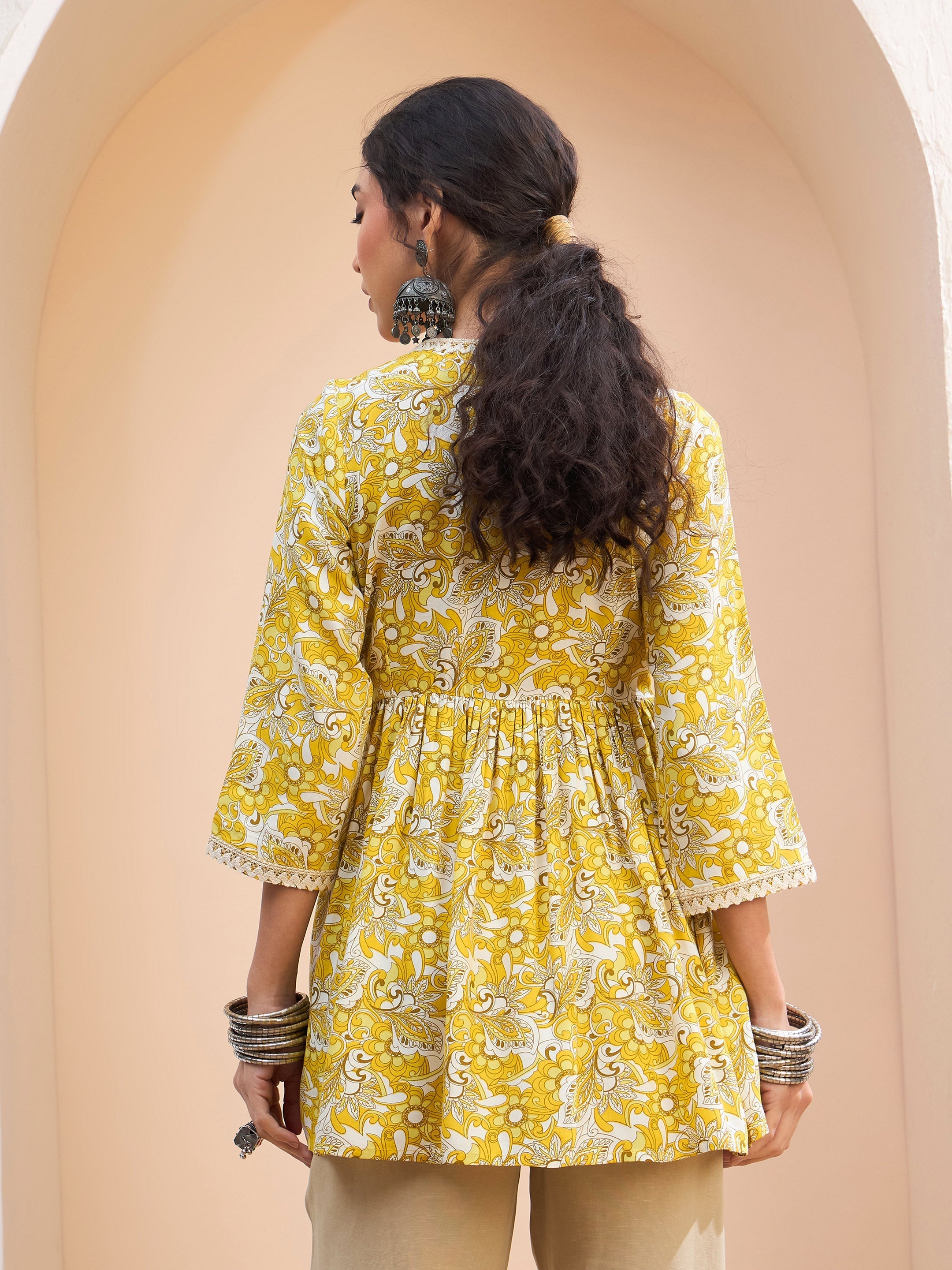 Women's Yellow Floral Wrap Neck Peplum Kurti-SHAE