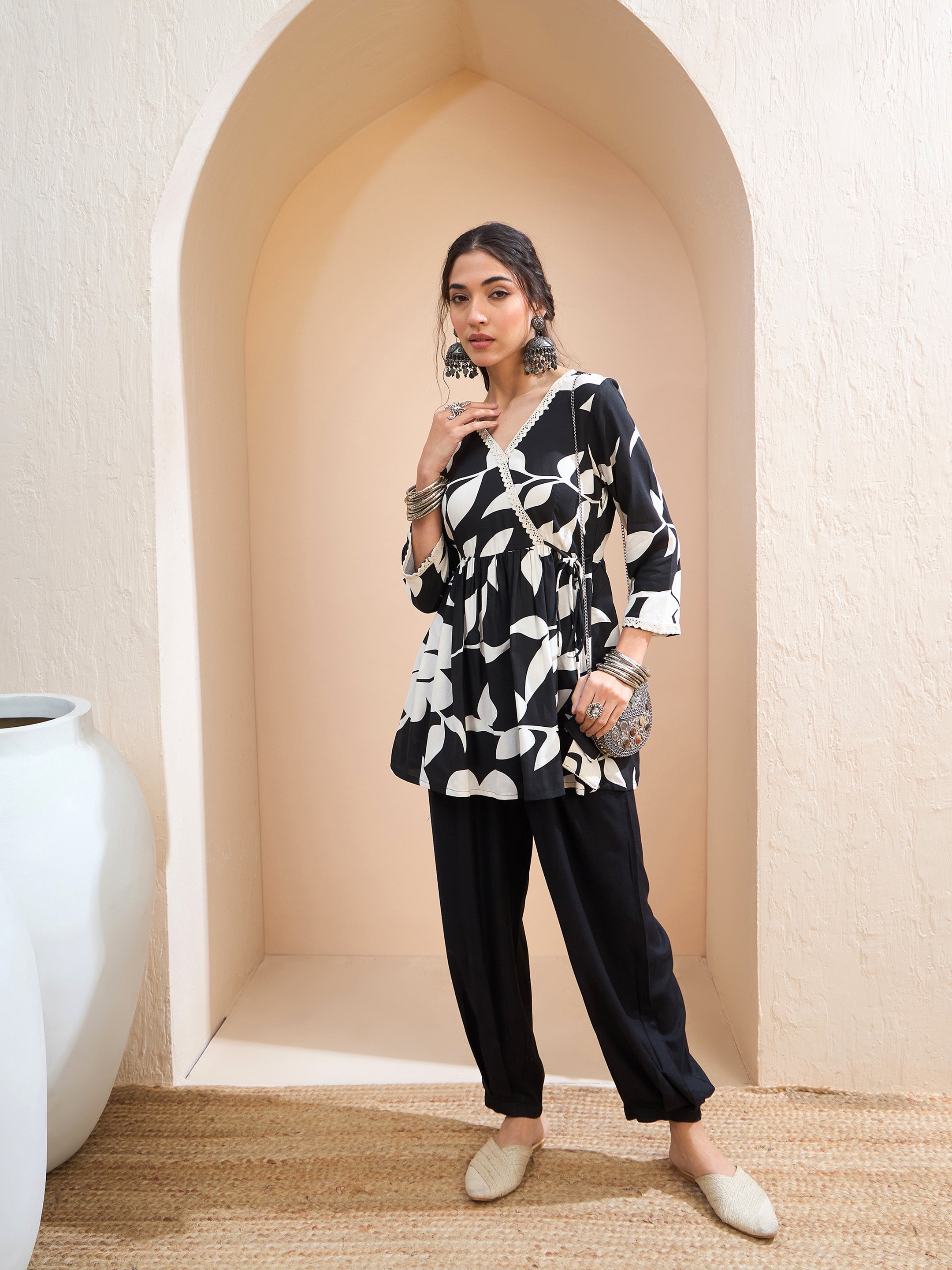 Women's Black Floral Wrap Neck Peplum Kurti-SHAE