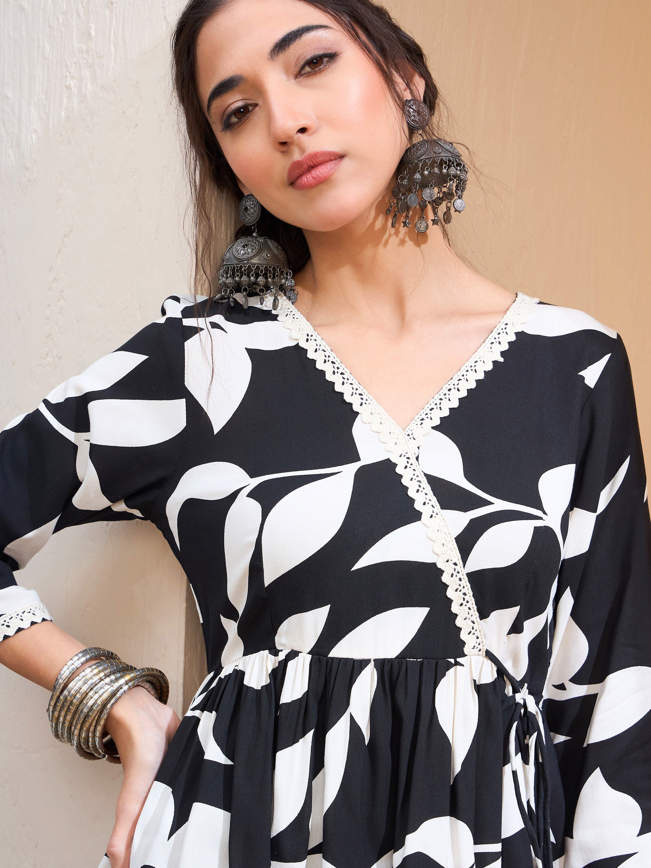 Women's Black Floral Wrap Neck Peplum Kurti-SHAE