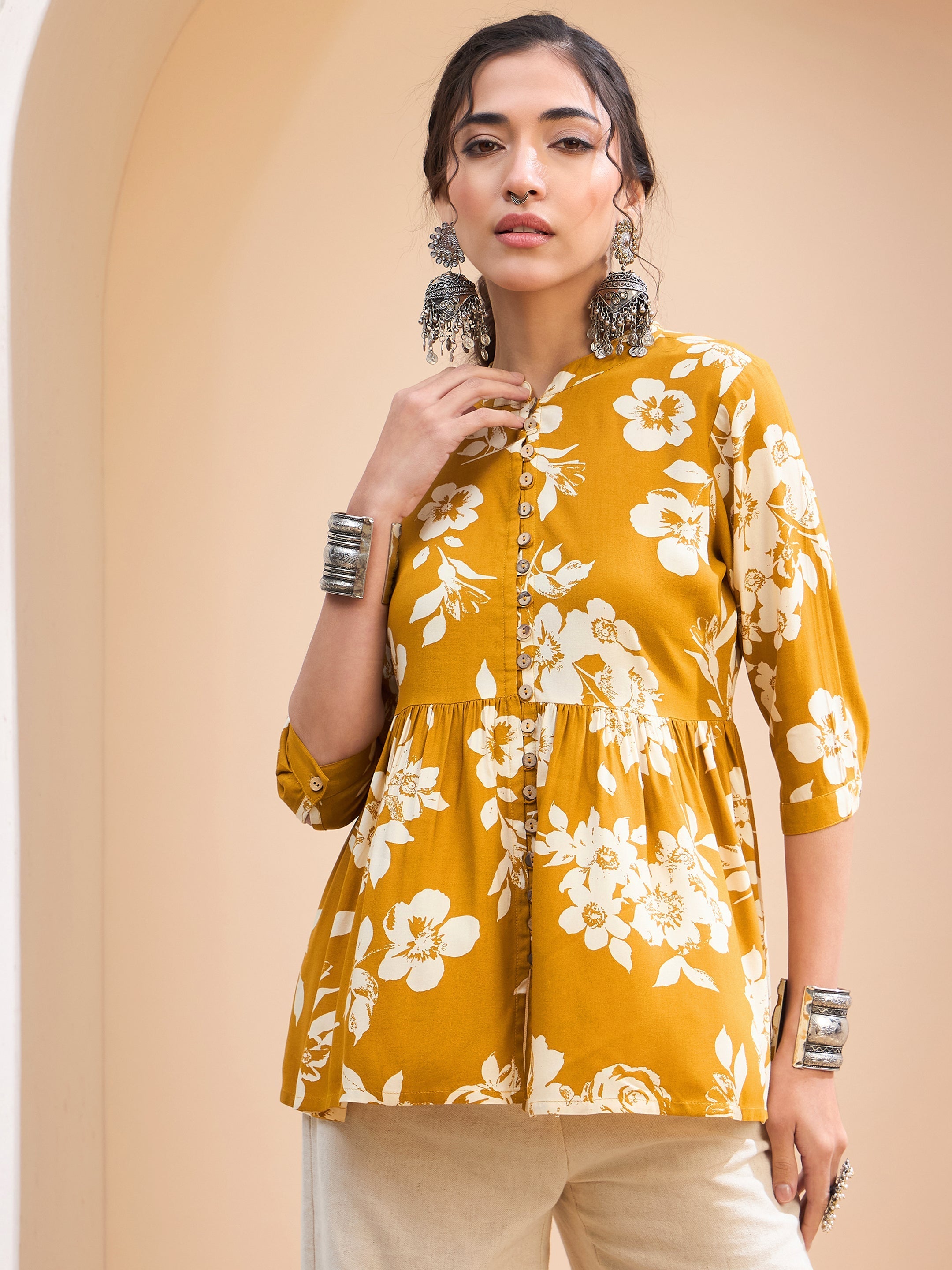 Women's Mustard Floral Front Button Gathered Kurti-SHAE