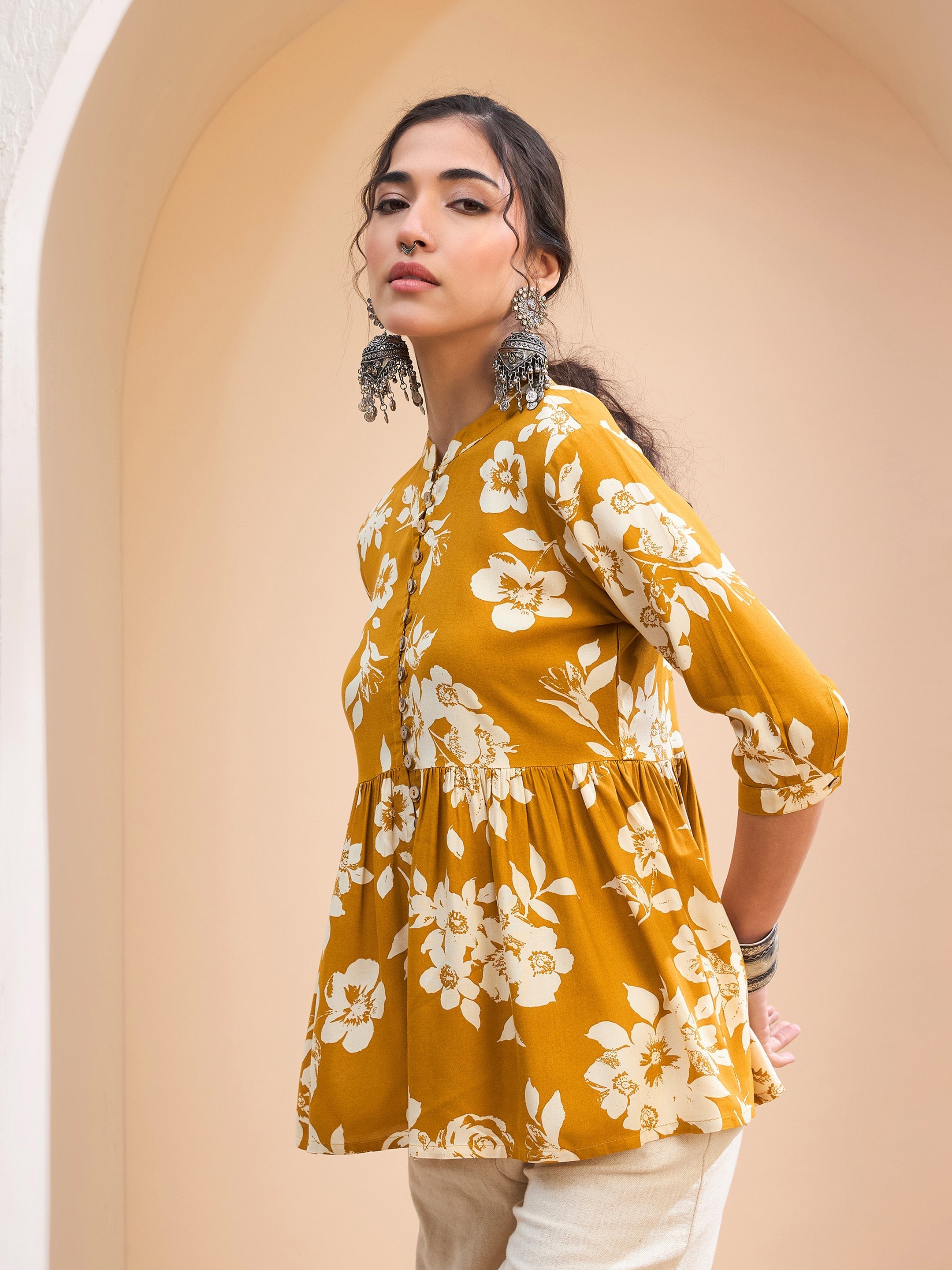 Women's Mustard Floral Front Button Gathered Kurti-SHAE