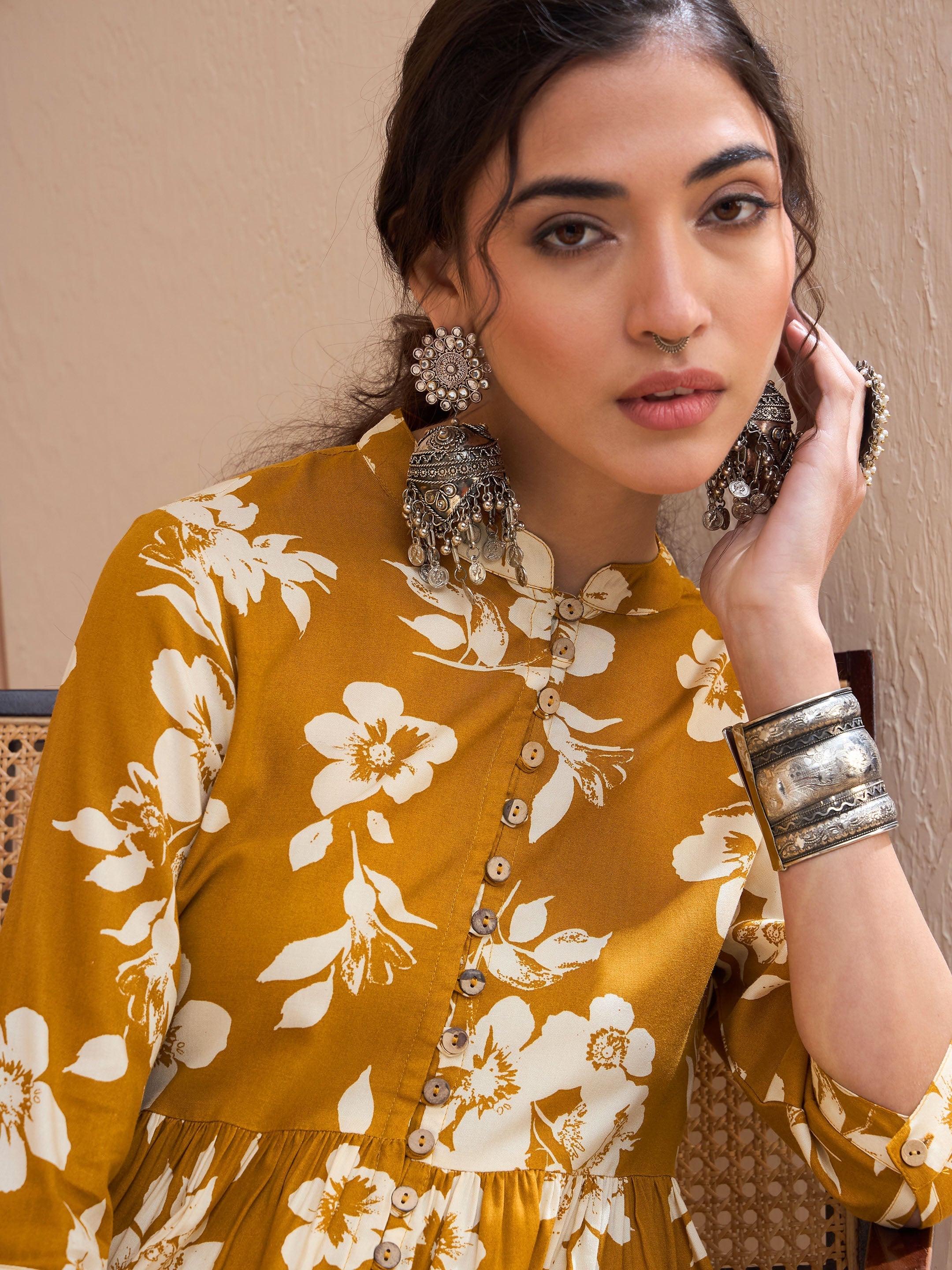 Women's Mustard Floral Front Button Gathered Kurti-SHAE