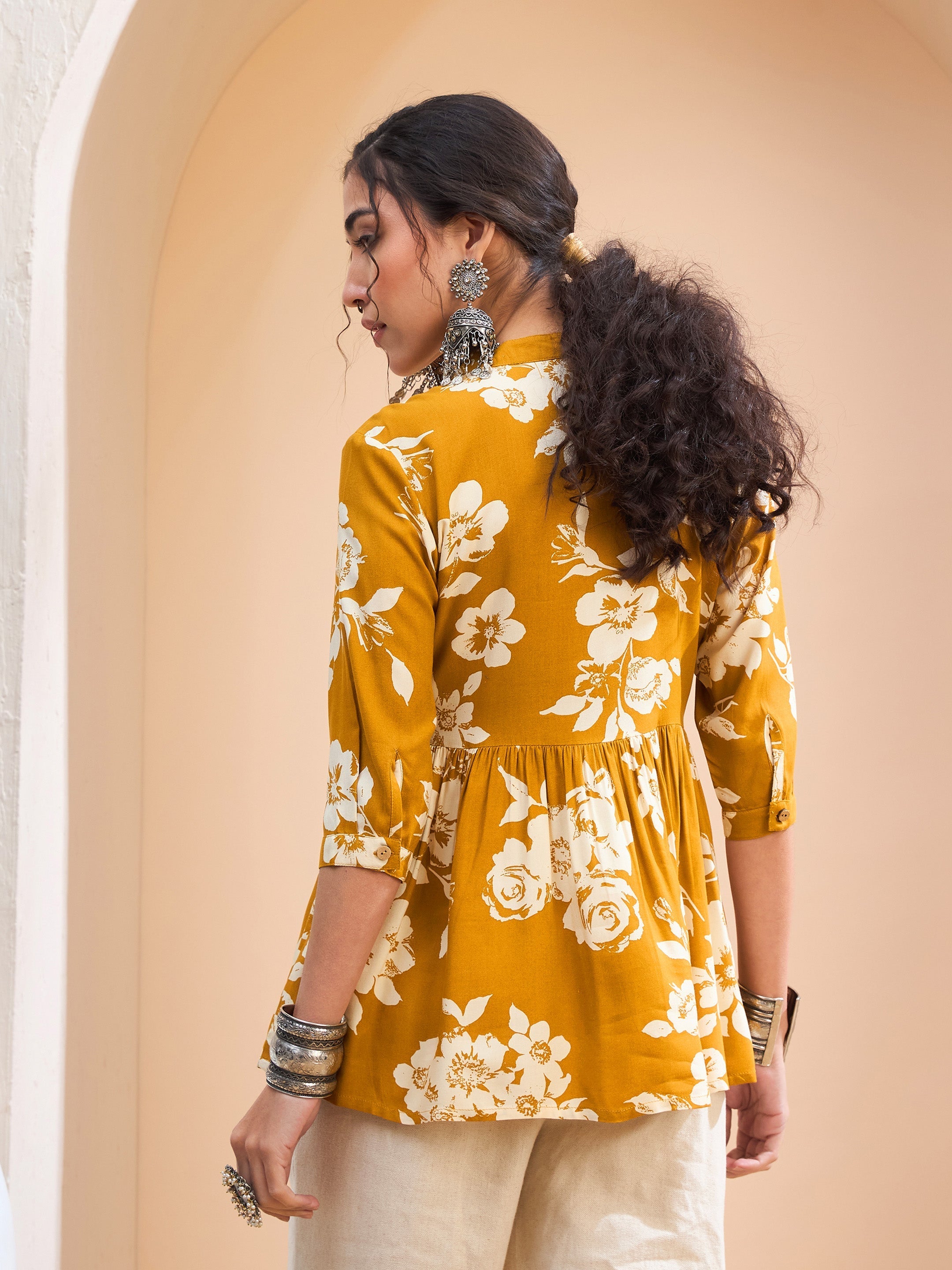 Women's Mustard Floral Front Button Gathered Kurti-SHAE