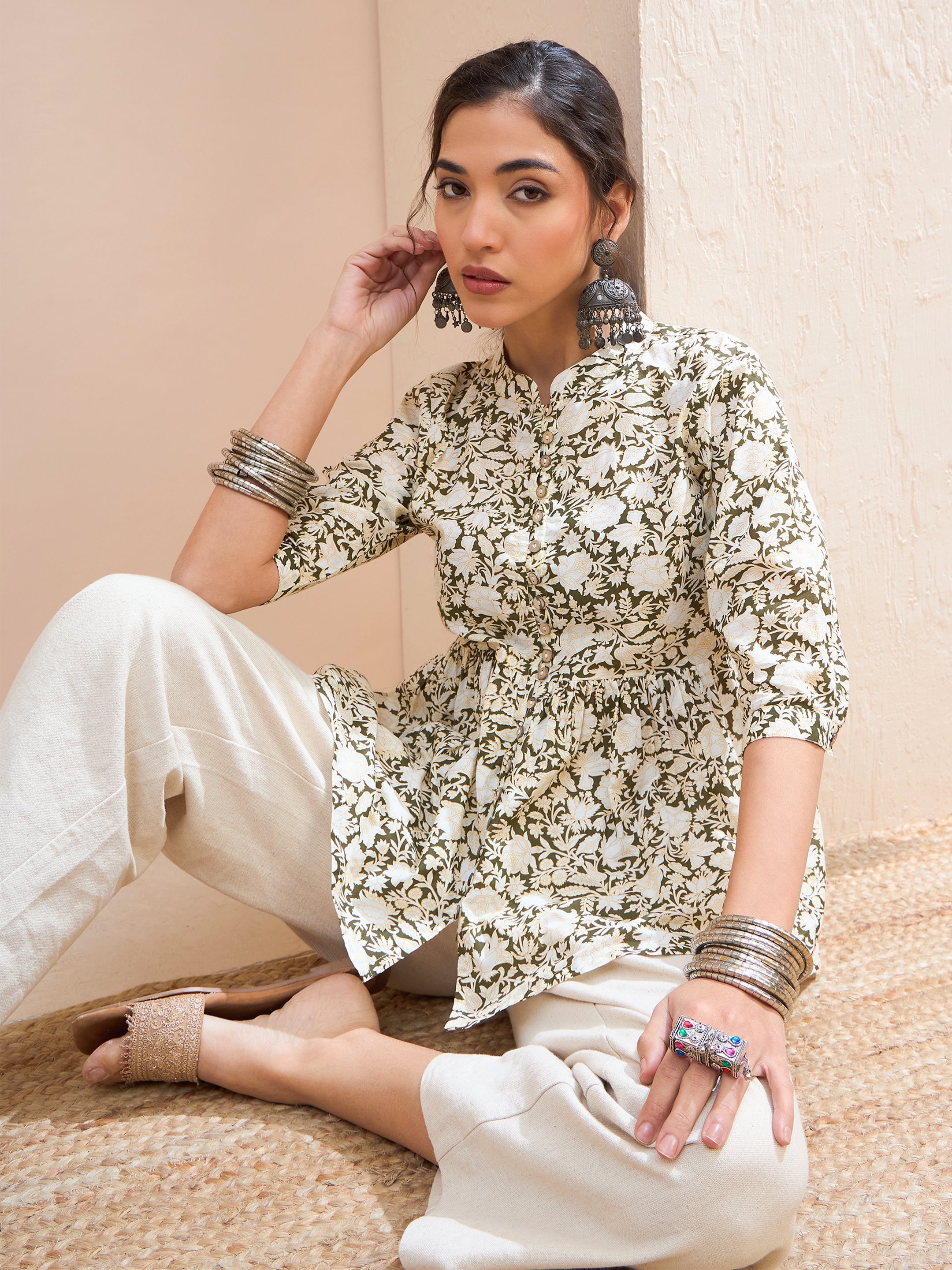 Women's Olive Floral Cambric Front Button Gathered Kurti-SHAE