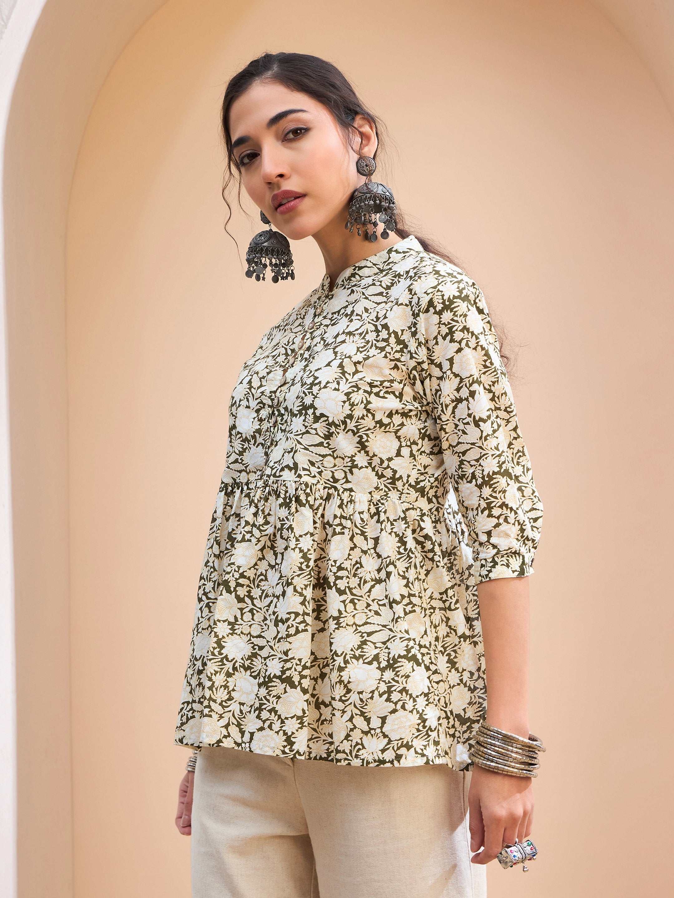 Women's Olive Floral Cambric Front Button Gathered Kurti-SHAE