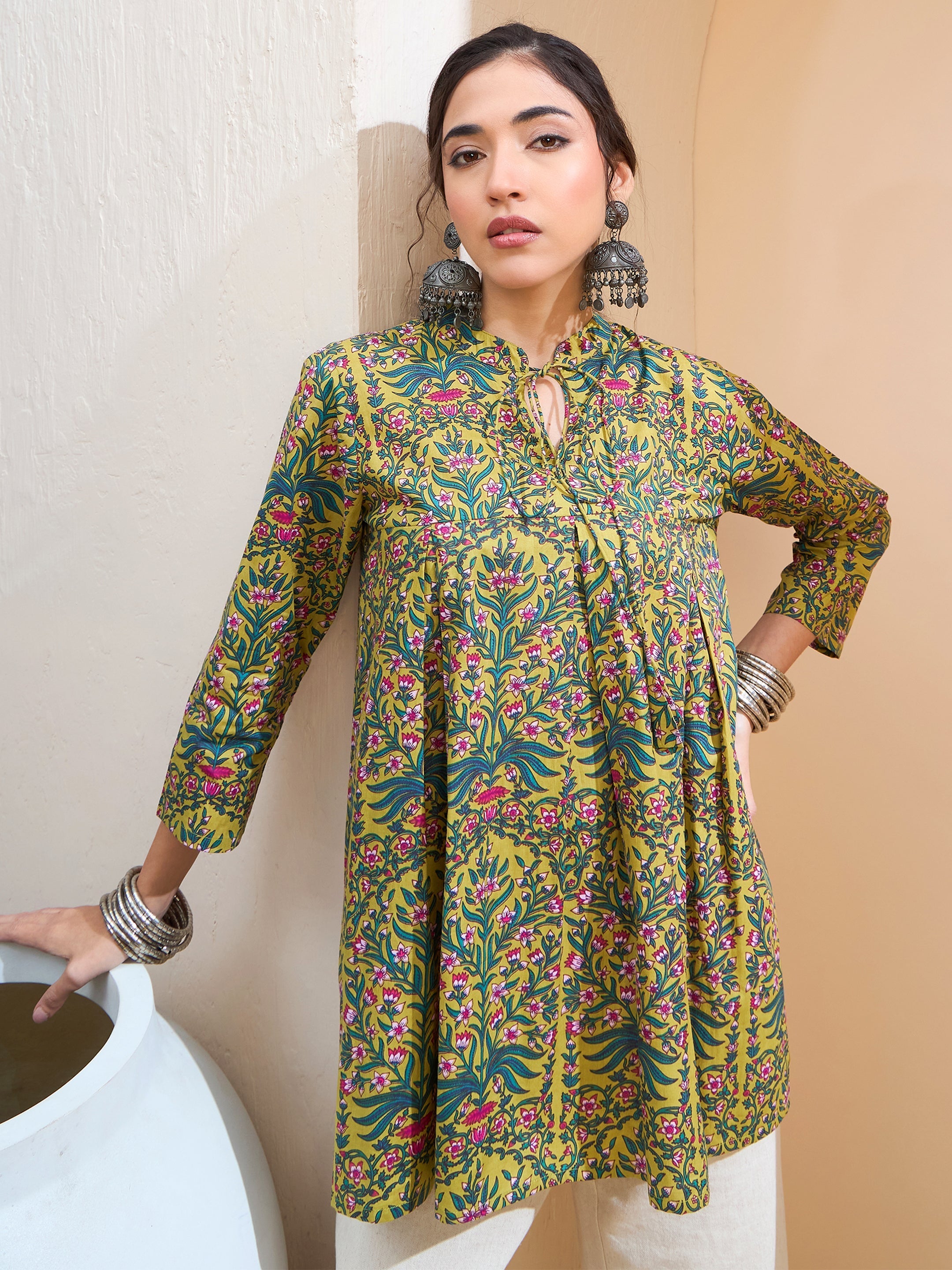 Women's Dark Mustard Floral Cambric Front Tie Knot Kurti-SHAE