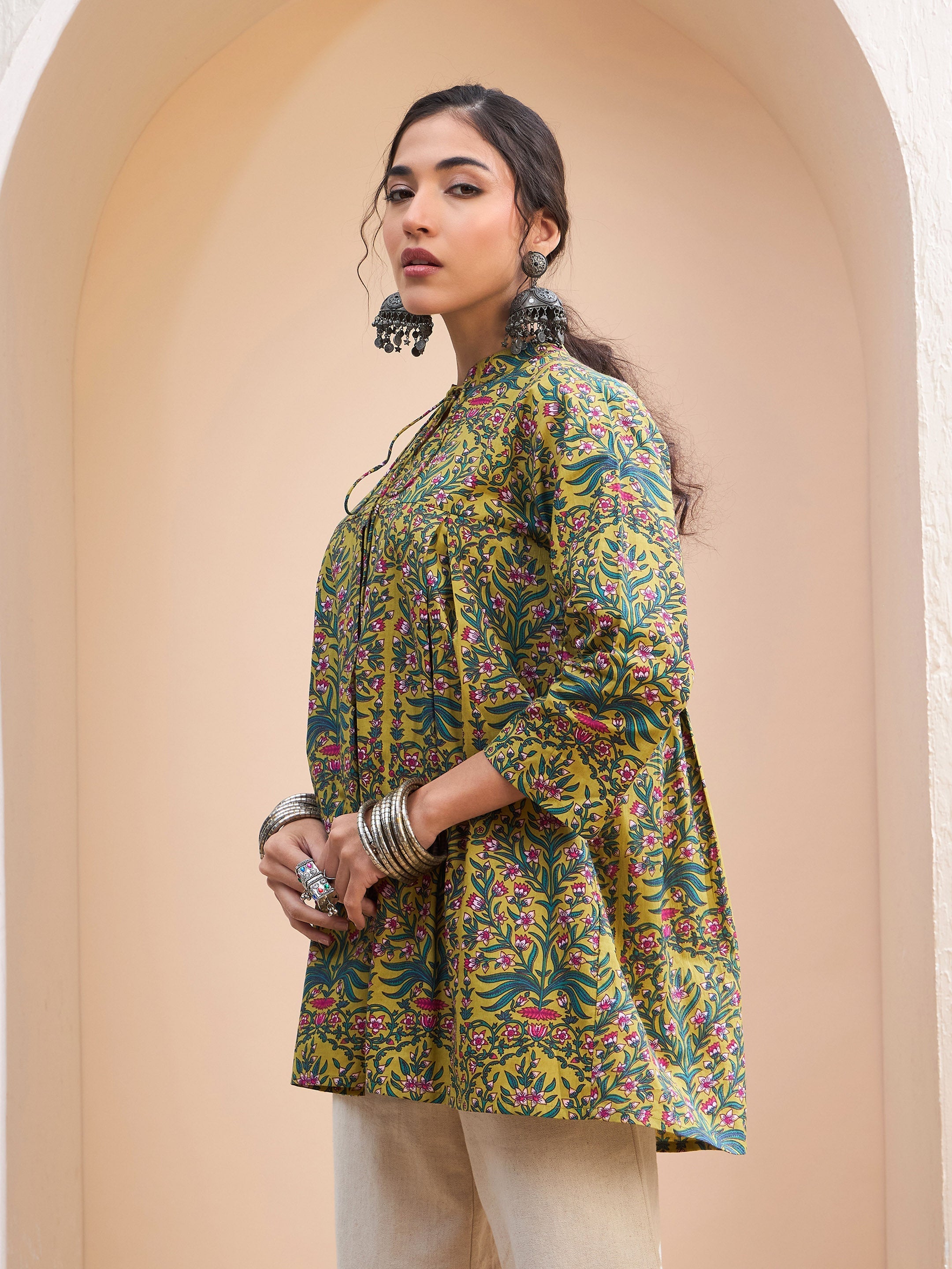 Women's Dark Mustard Floral Cambric Front Tie Knot Kurti-SHAE