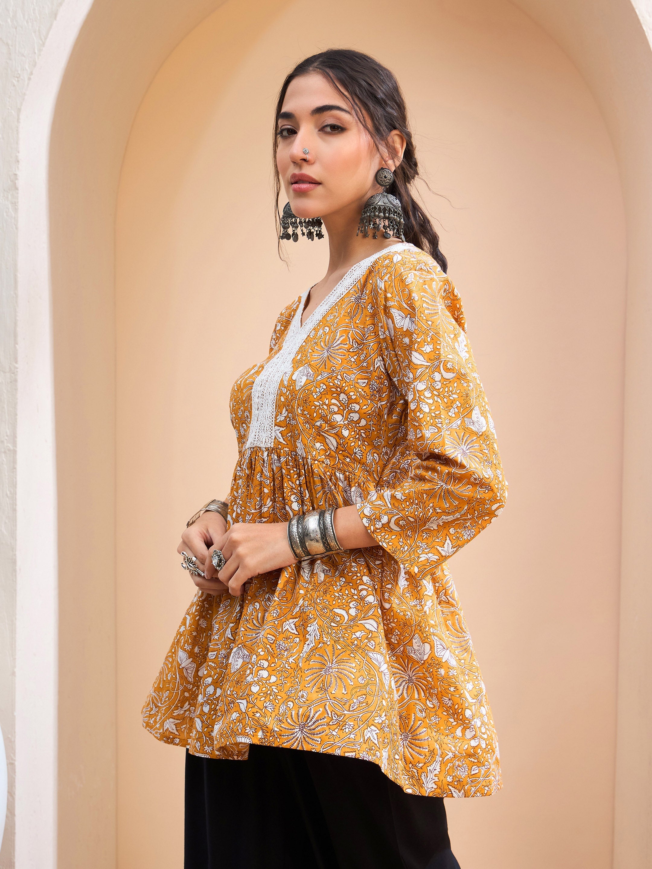 Women's Yellow Floral Cambric V Neck Peplum Kurti-SHAE