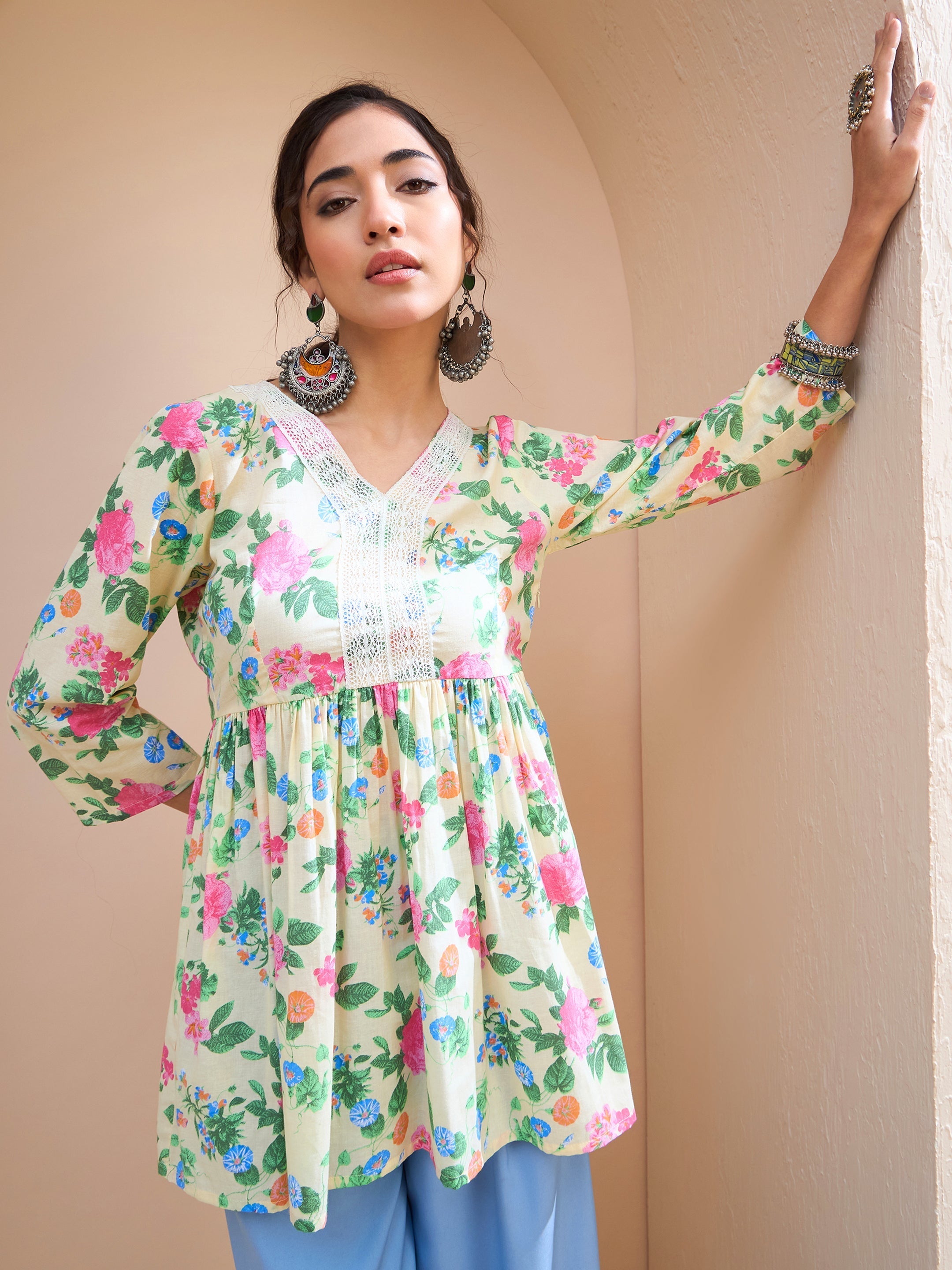 Women's Lime Yellow Floral Cambric V Neck Peplum Kurti-SHAE