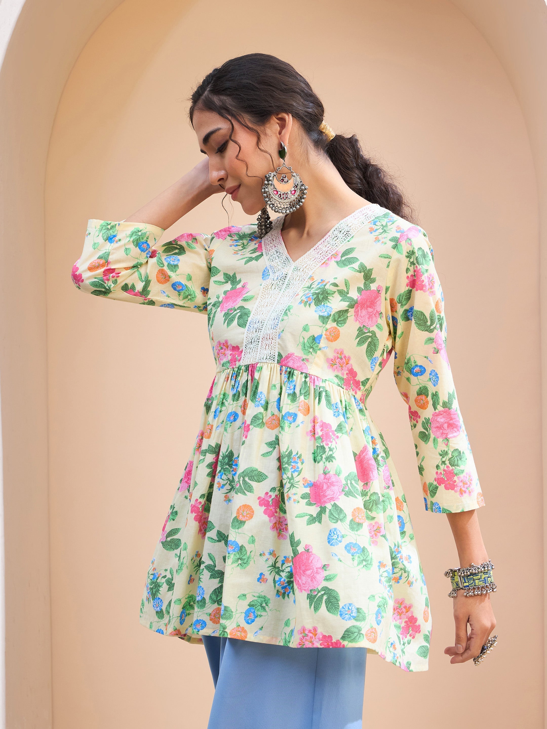 Women's Lime Yellow Floral Cambric V Neck Peplum Kurti-SHAE