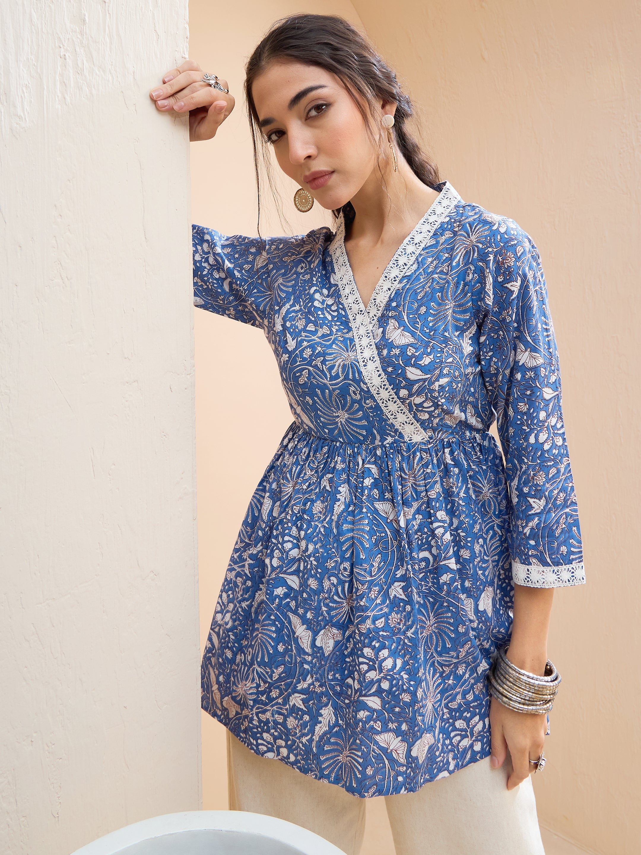 Women's Blue Floral Cambric Wrap Peplum Kurti-SHAE