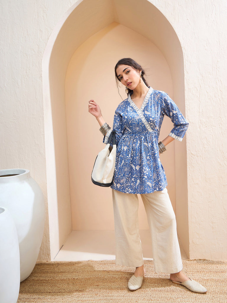 Women's Blue Floral Cambric Wrap Peplum Kur