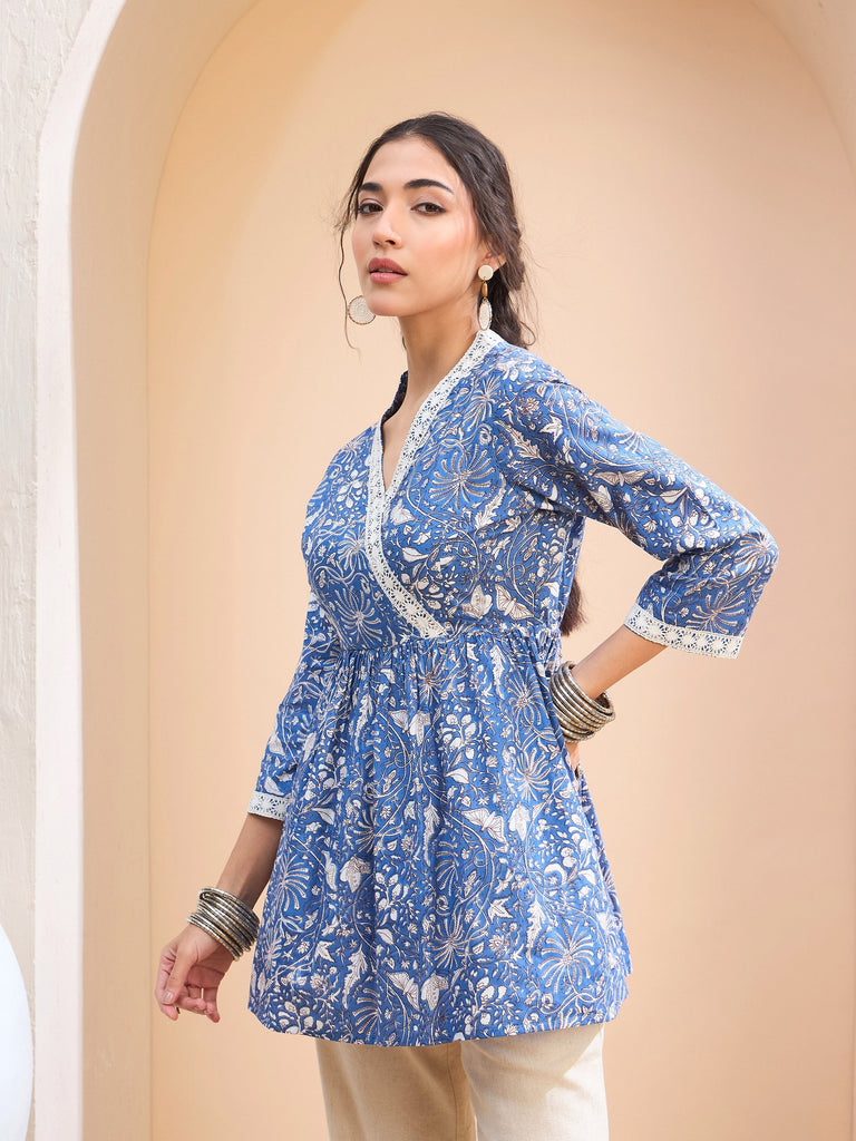 Women's Blue Floral Cambric Wrap Peplum Kur
