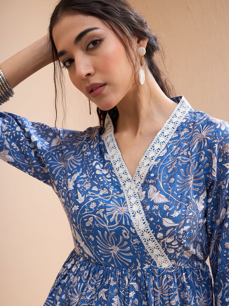 Women's Blue Floral Cambric Wrap Peplum Kur