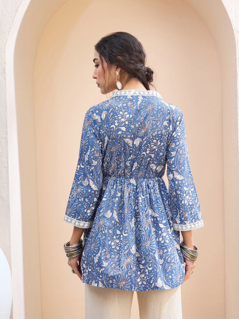 Women's Blue Floral Cambric Wrap Peplum Kur