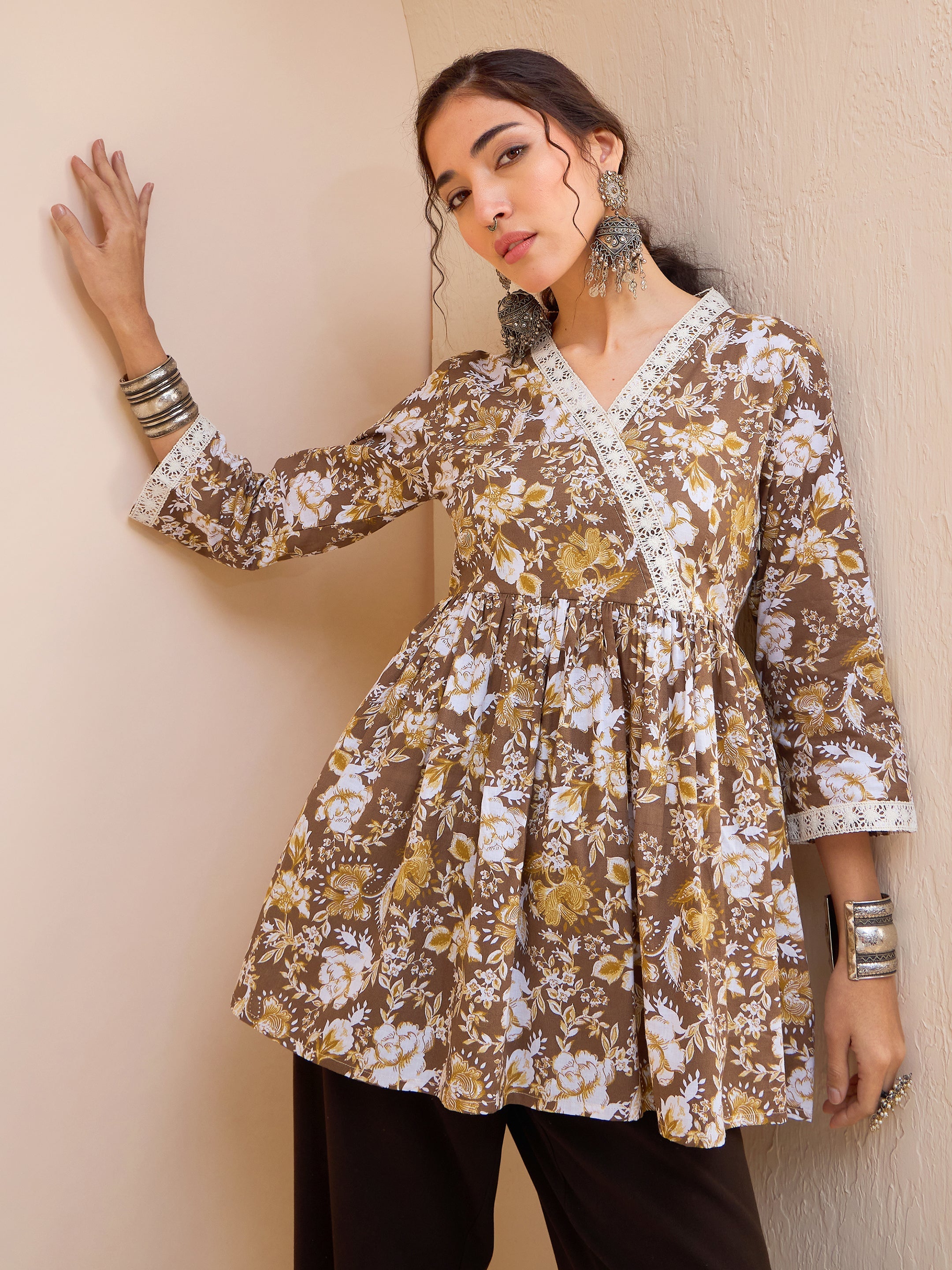 Women's Brown Floral Cambric Wrap Peplum Kurti-SHAE