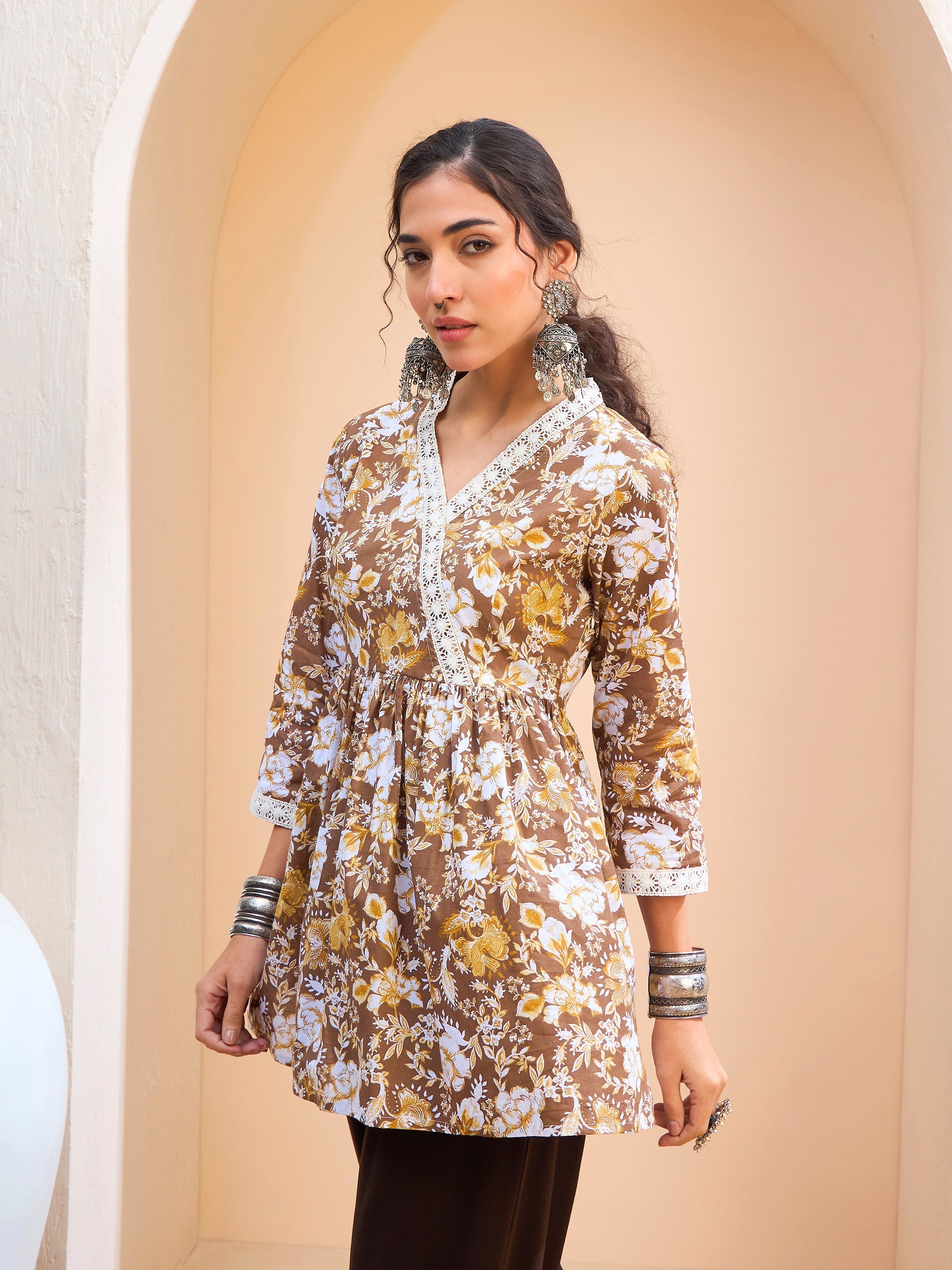 Women's Brown Floral Cambric Wrap Peplum Kurti-SHAE