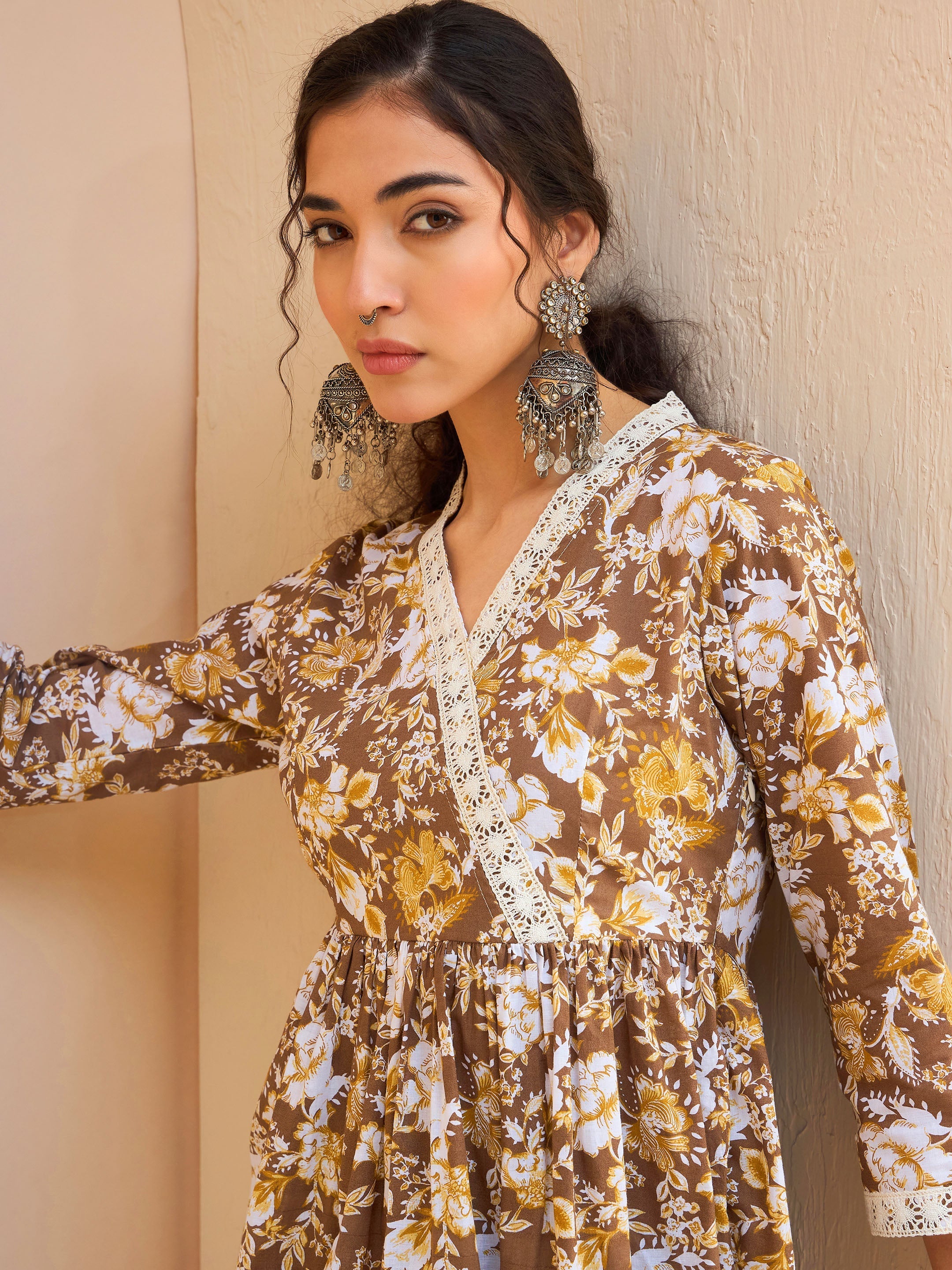 Women's Brown Floral Cambric Wrap Peplum Kurti-SHAE