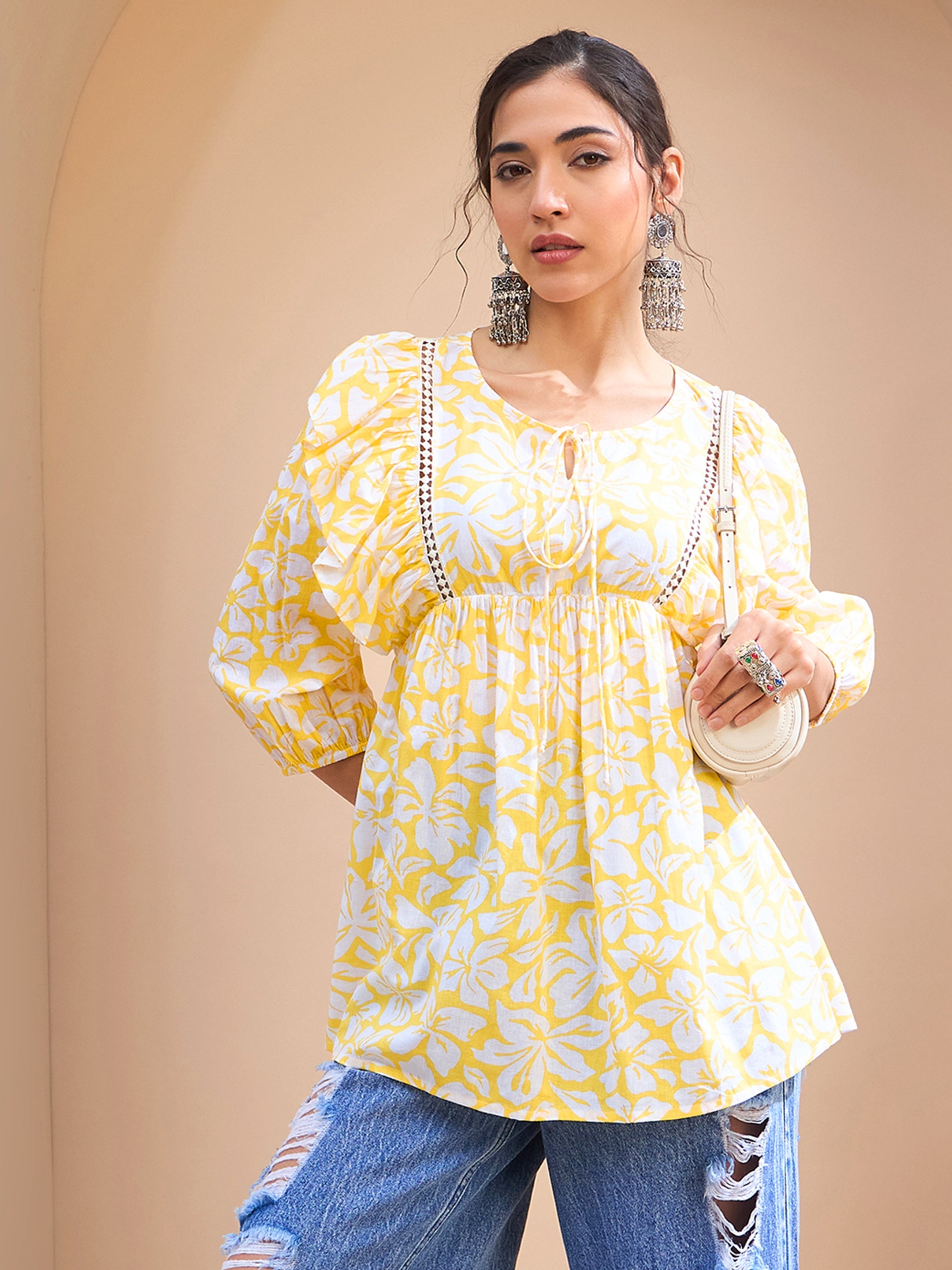 Women's Yellow Floral Cambric Front Frill Kurti-SHAE