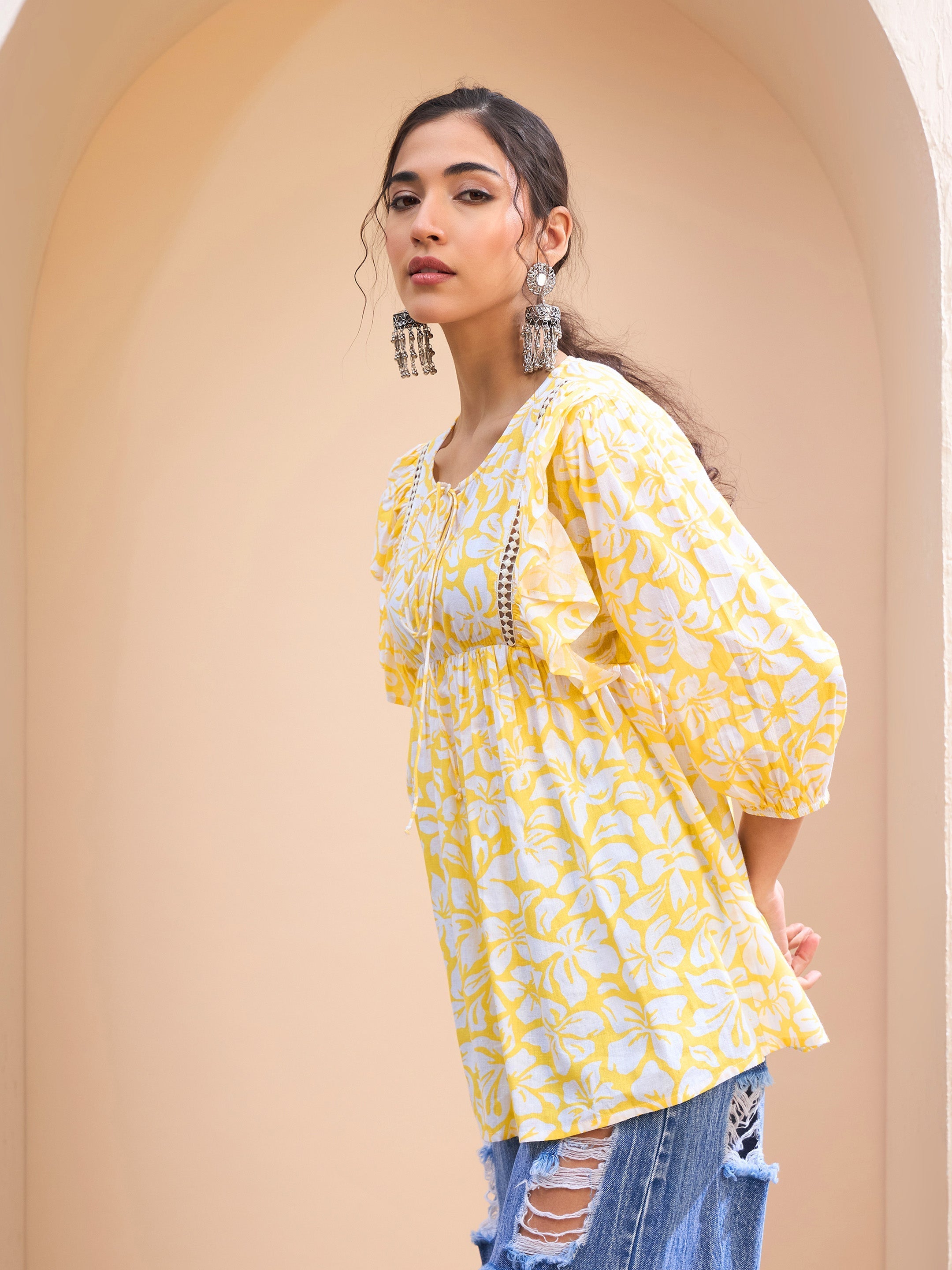 Women's Yellow Floral Cambric Front Frill Kurti-SHAE