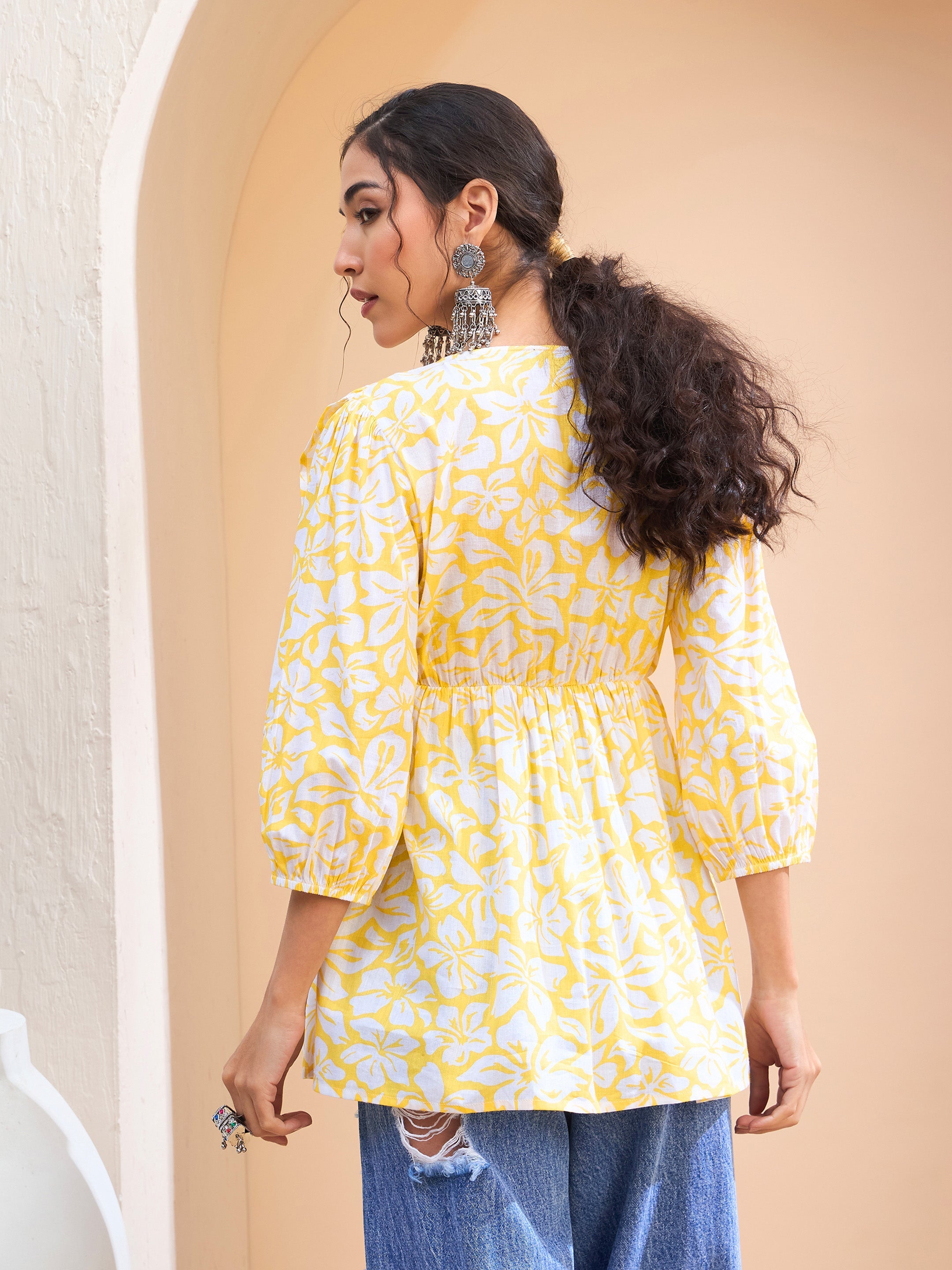 Women's Yellow Floral Cambric Front Frill Kurti-SHAE