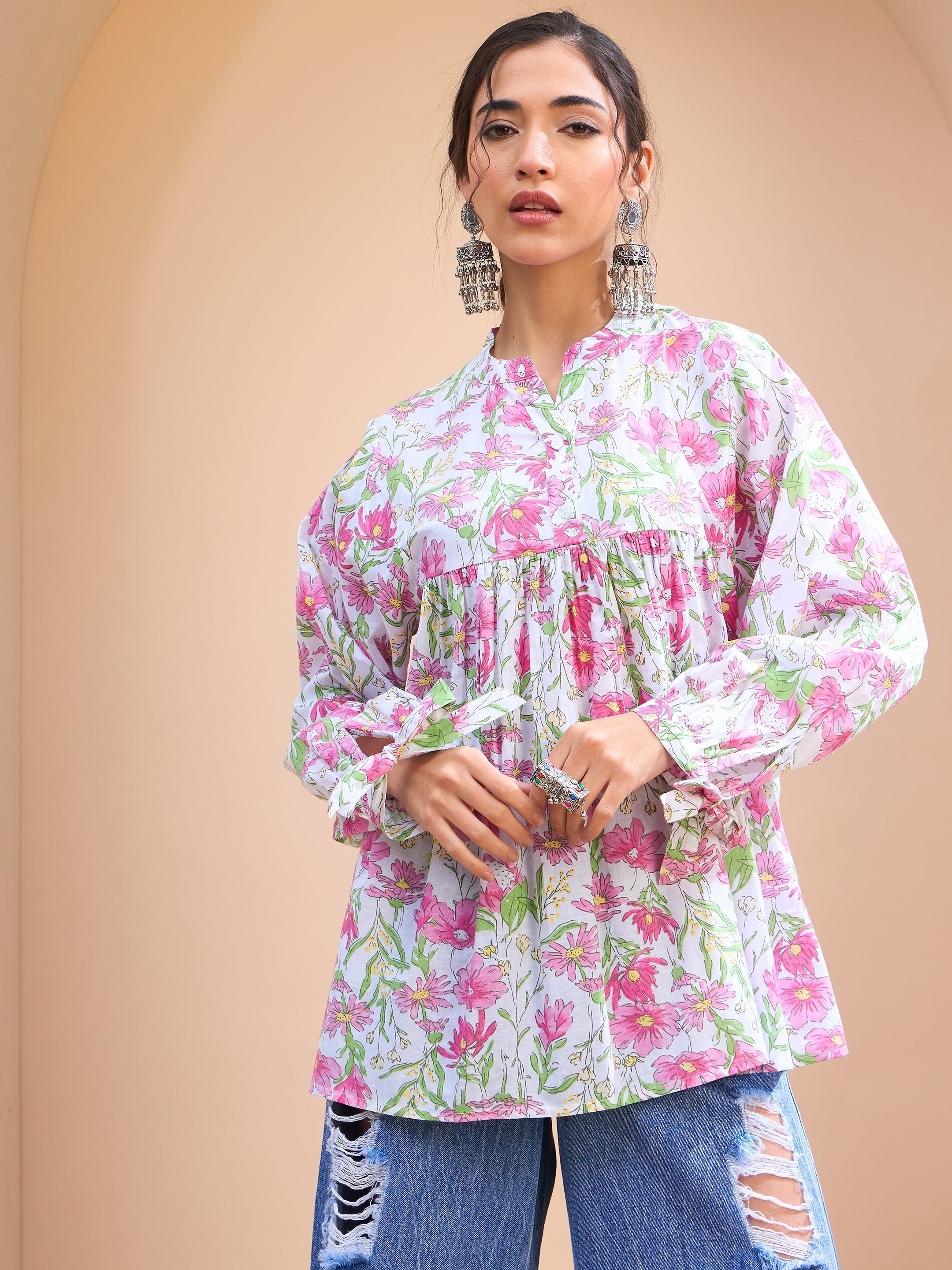 Women's White Floral Cambric Sleeves Knot Peplum Kurti-SHAE