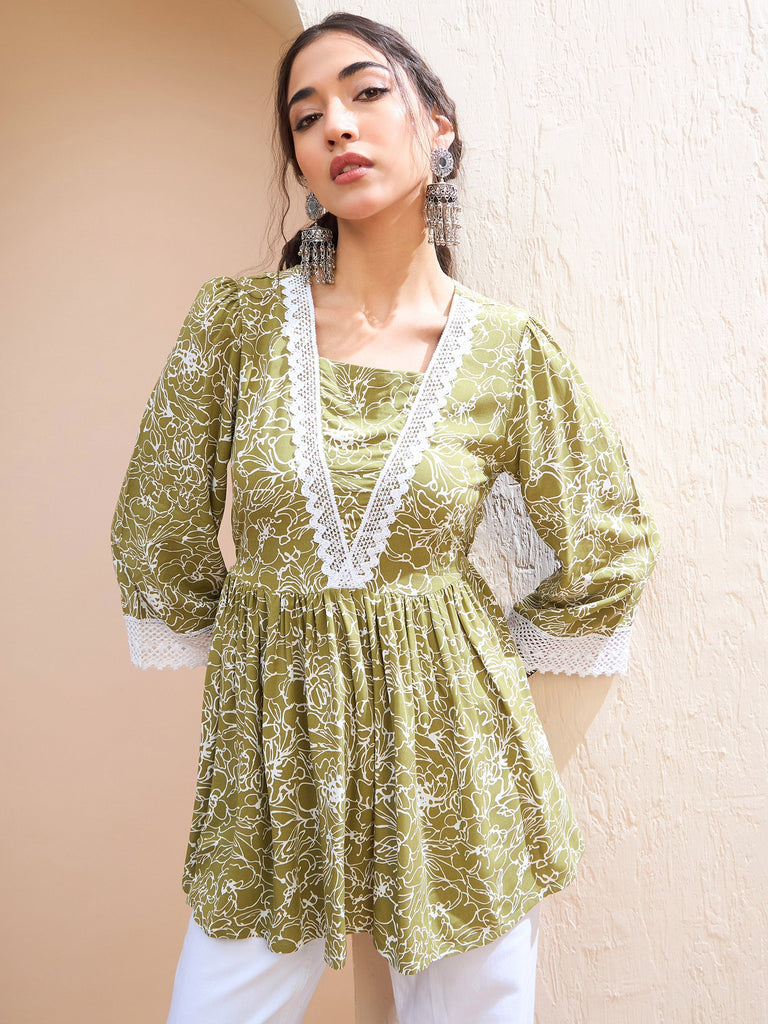 Women's Green Floral V-Neck Peplum Kur