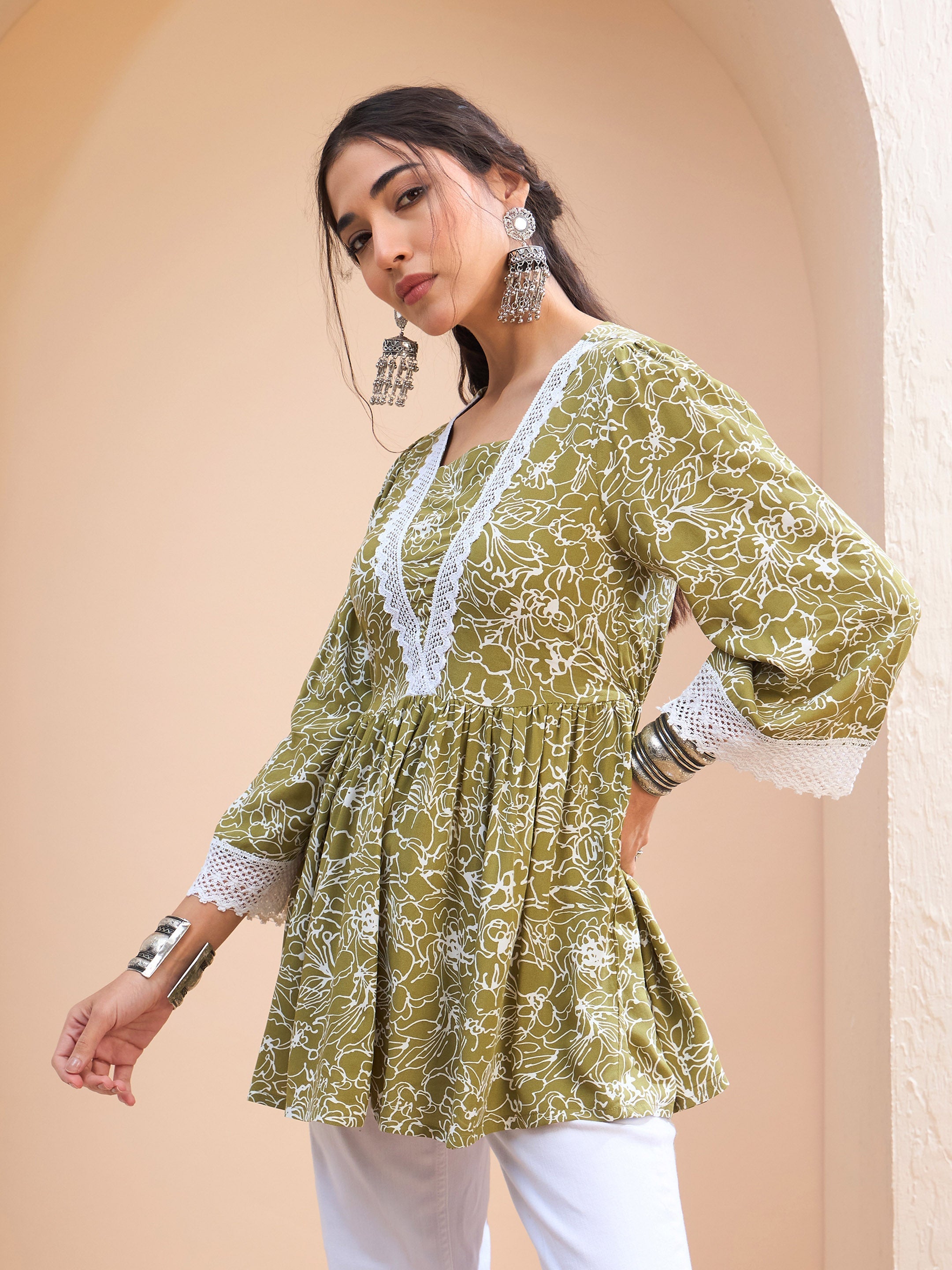 Women's Green Floral V-Neck Peplum Kurti-SHAE