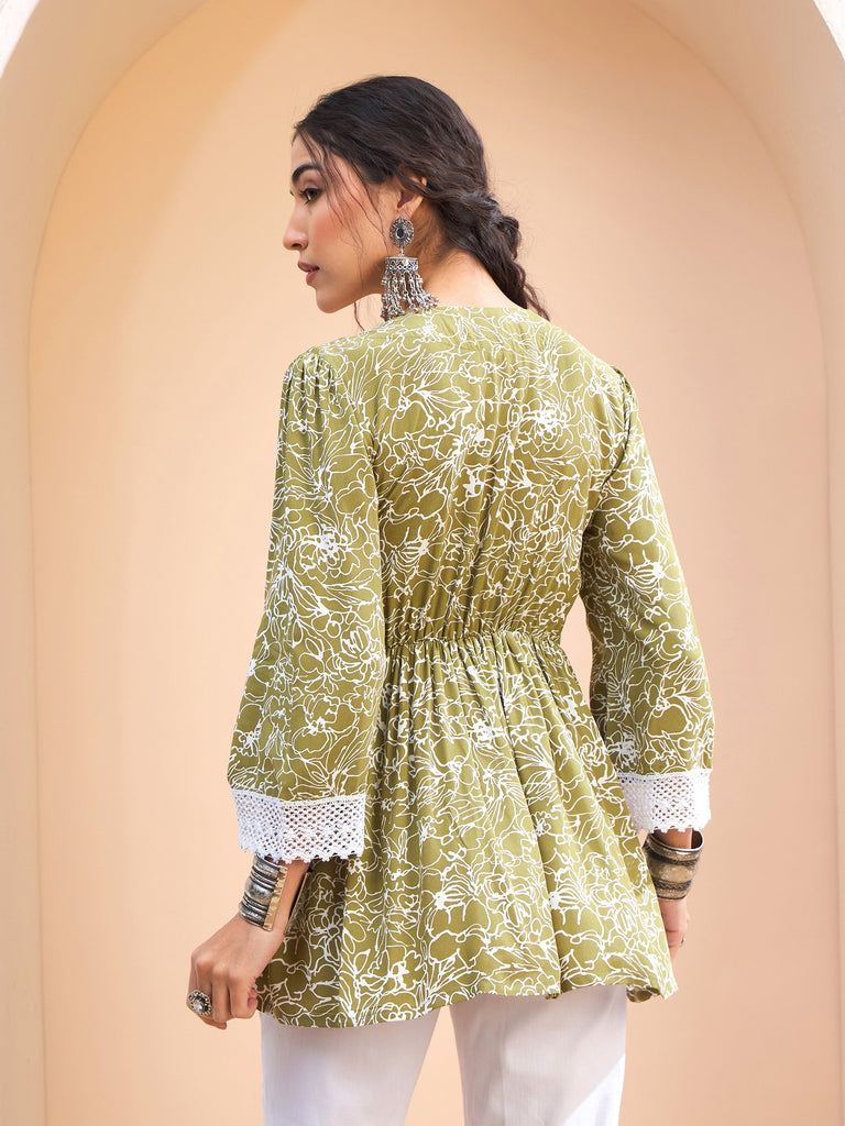 Women's Green Floral V-Neck Peplum Kur