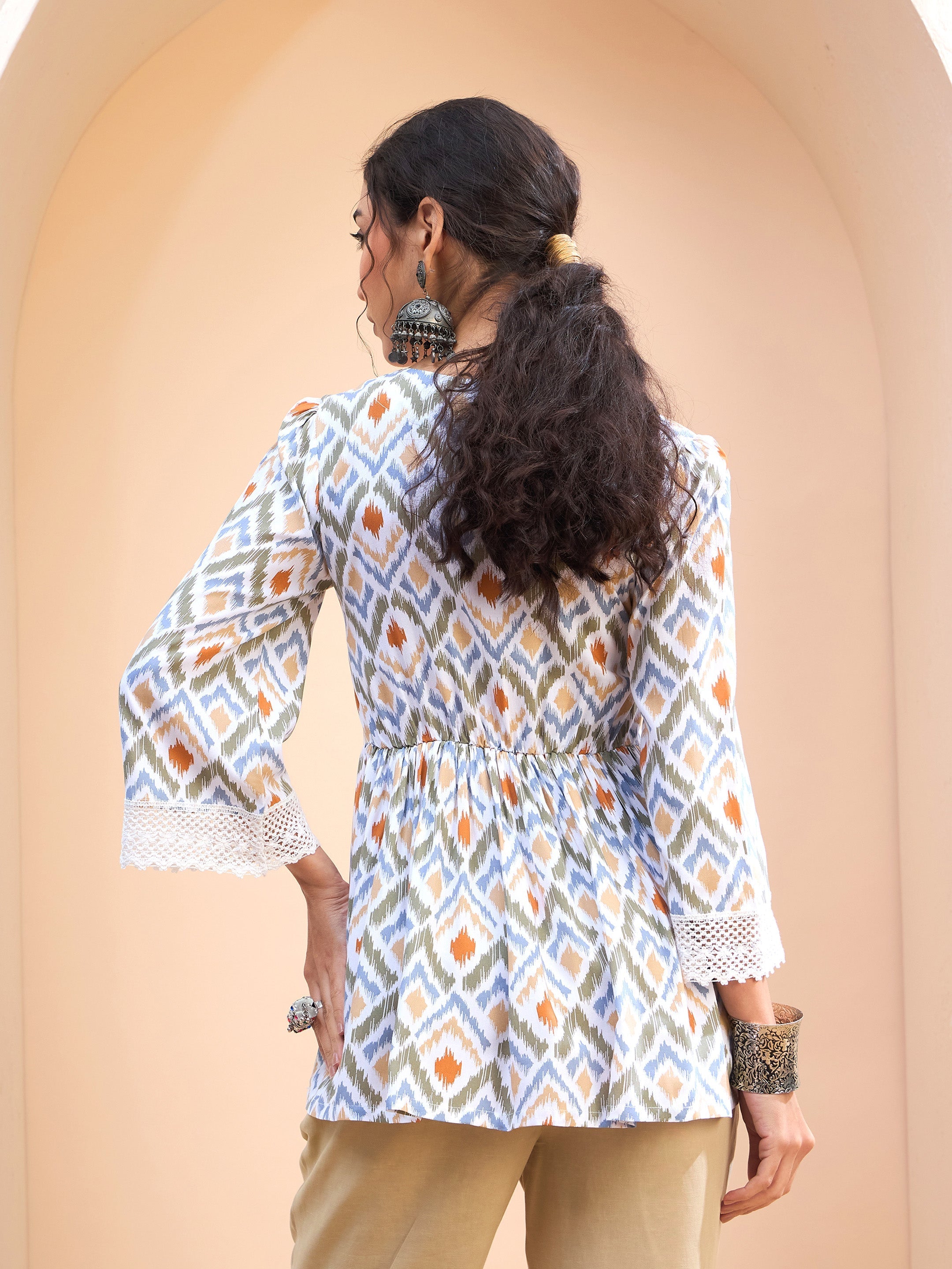 Women's White Geometric Print Peplum Kurti-SHAE