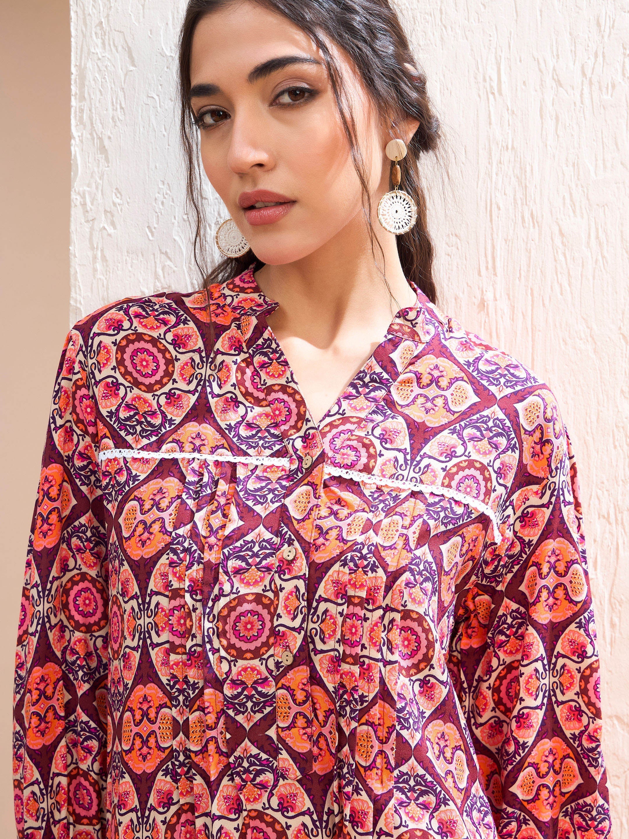 Women's Maroon Floral Pin Tuck Detail Shirt-SHAE