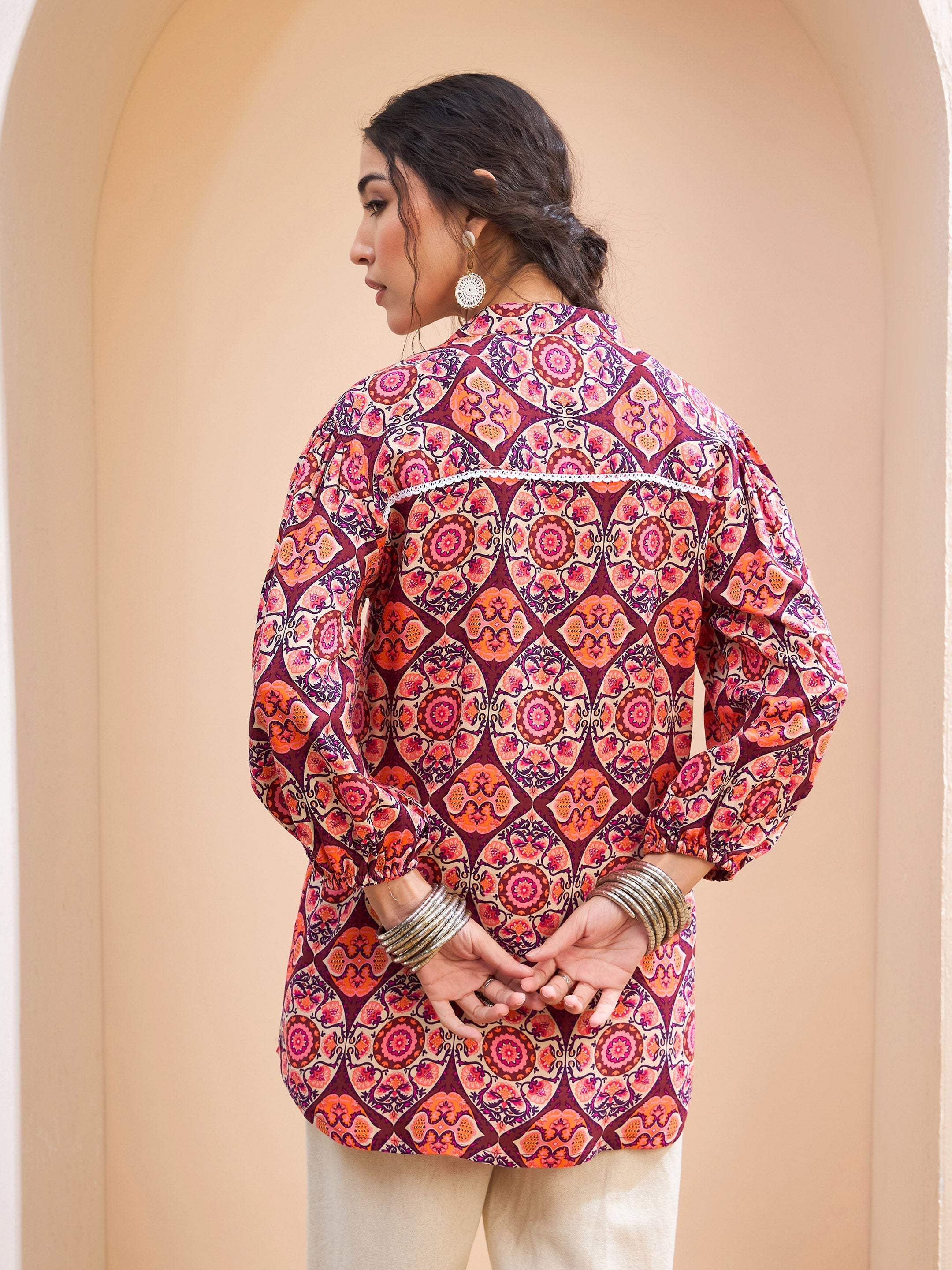 Women's Maroon Floral Pin Tuck Detail Shirt-SHAE