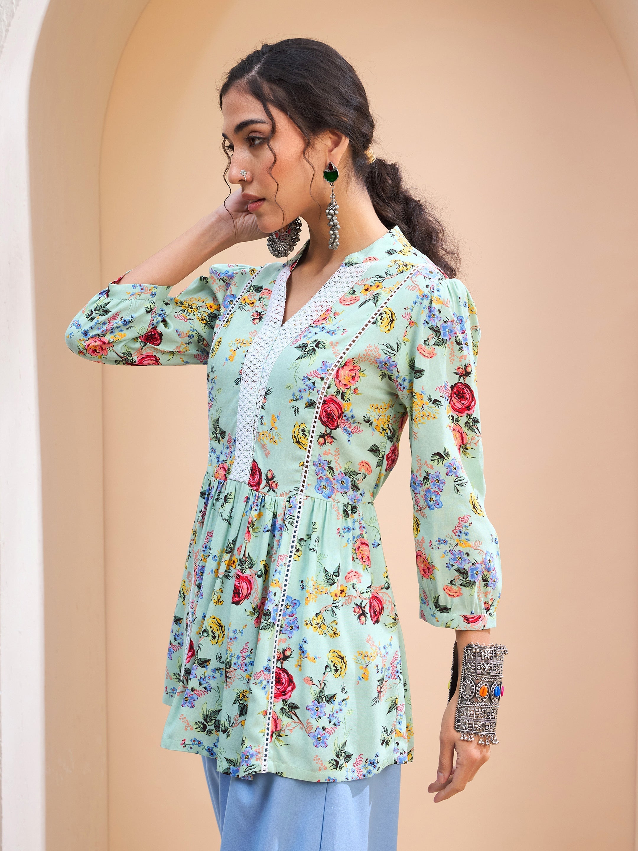 Women's Lime Green Floral Front Lace Peplum Kurti-SHAE