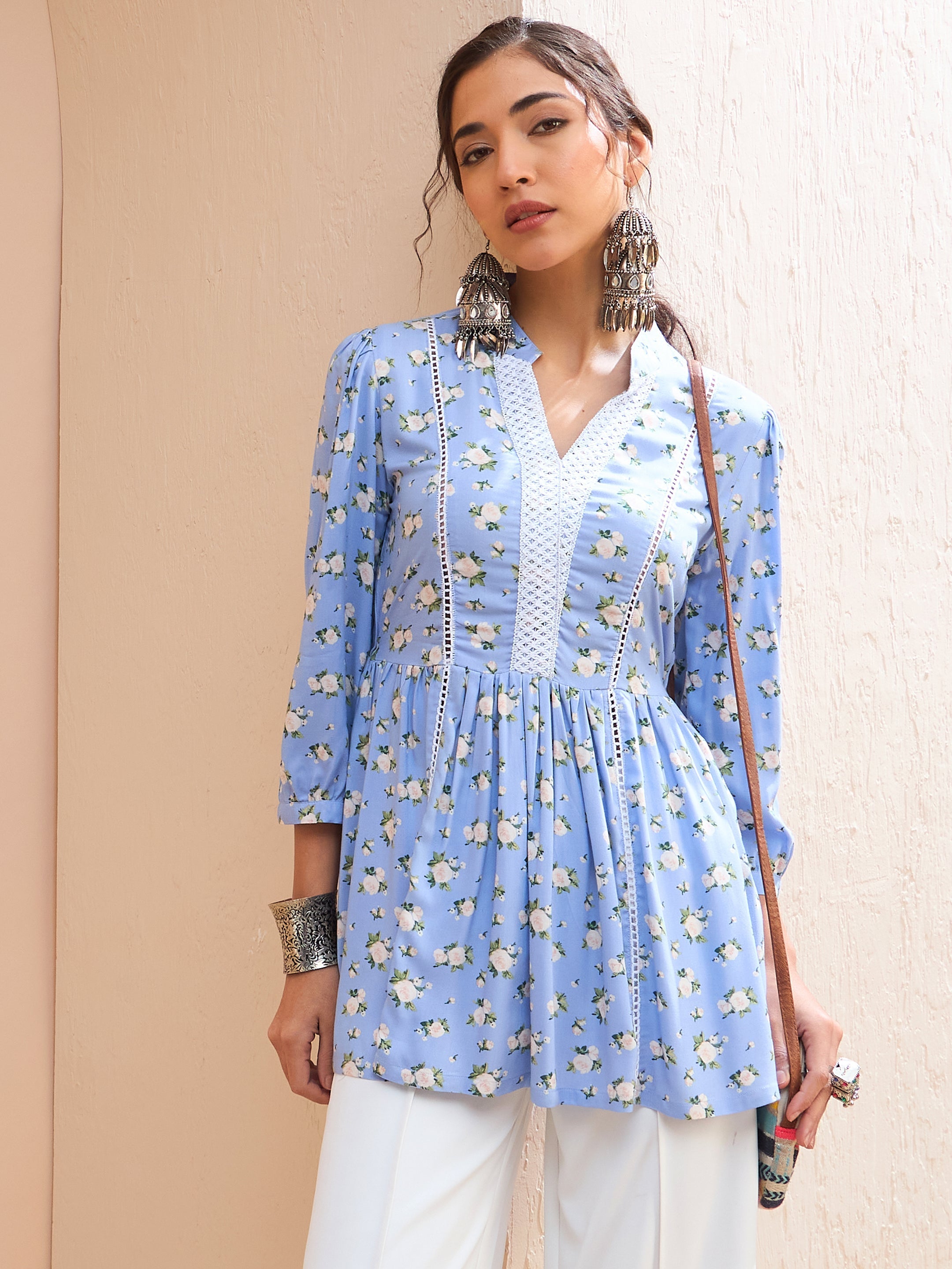 Women's Blue Floral Front Lace Peplum Kurti-SHAE