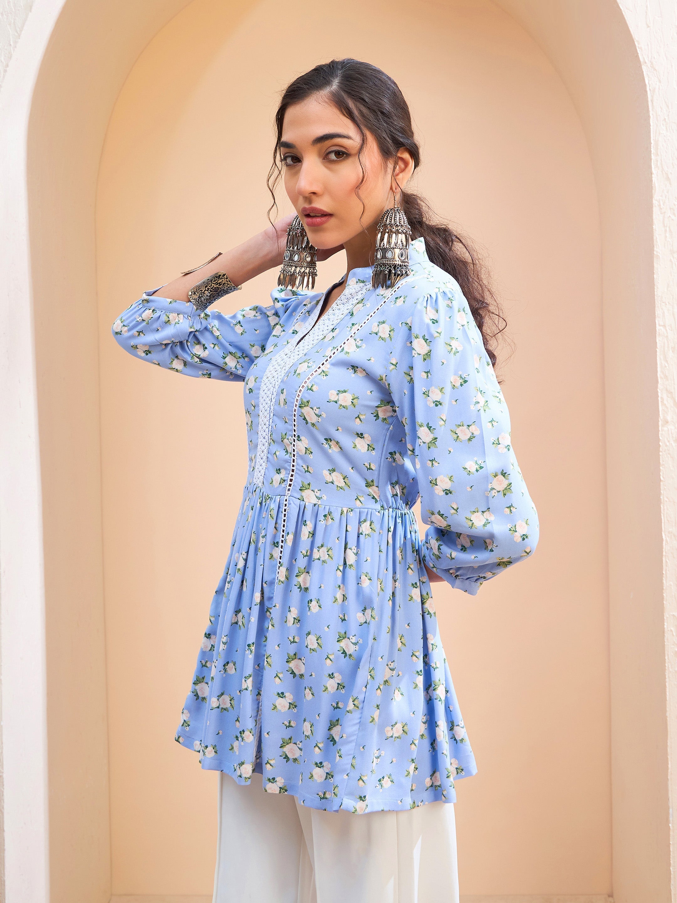 Women's Blue Floral Front Lace Peplum Kurti-SHAE