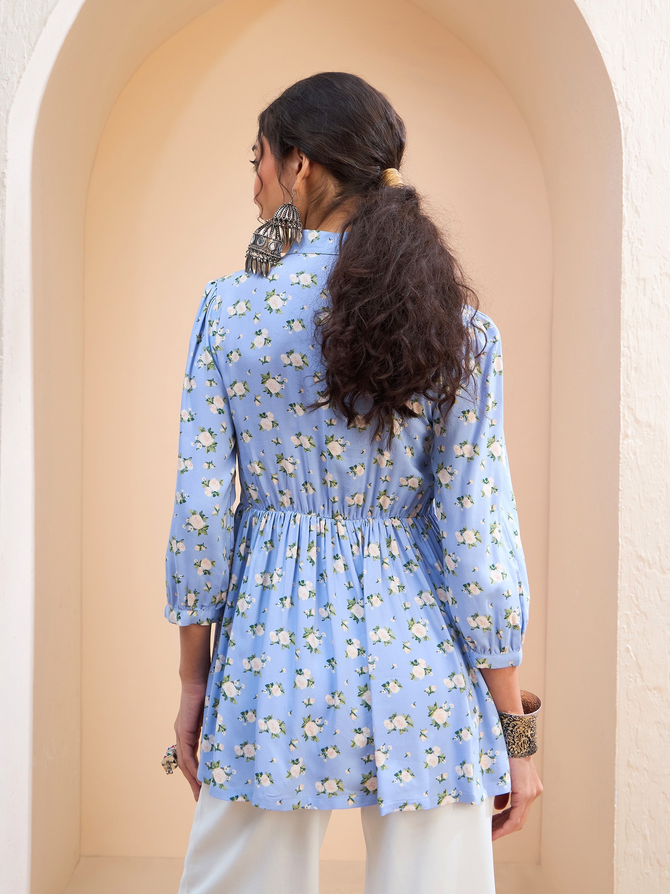 Women's Blue Floral Front Lace Peplum Kurti-SHAE